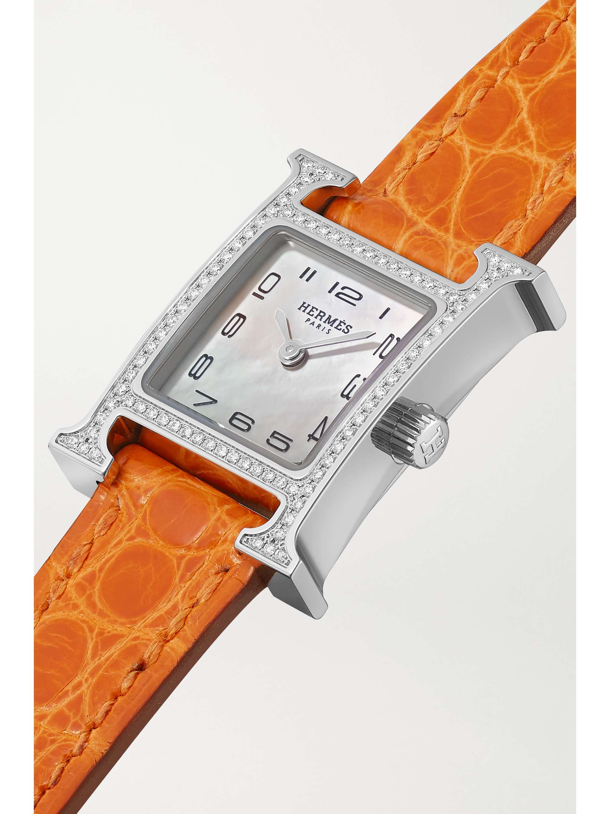HERMÈS TIMEPIECES Montre en acier inoxydable, nacre et diamants à bracelet en alligator Heure H Very Small 17,2 mm