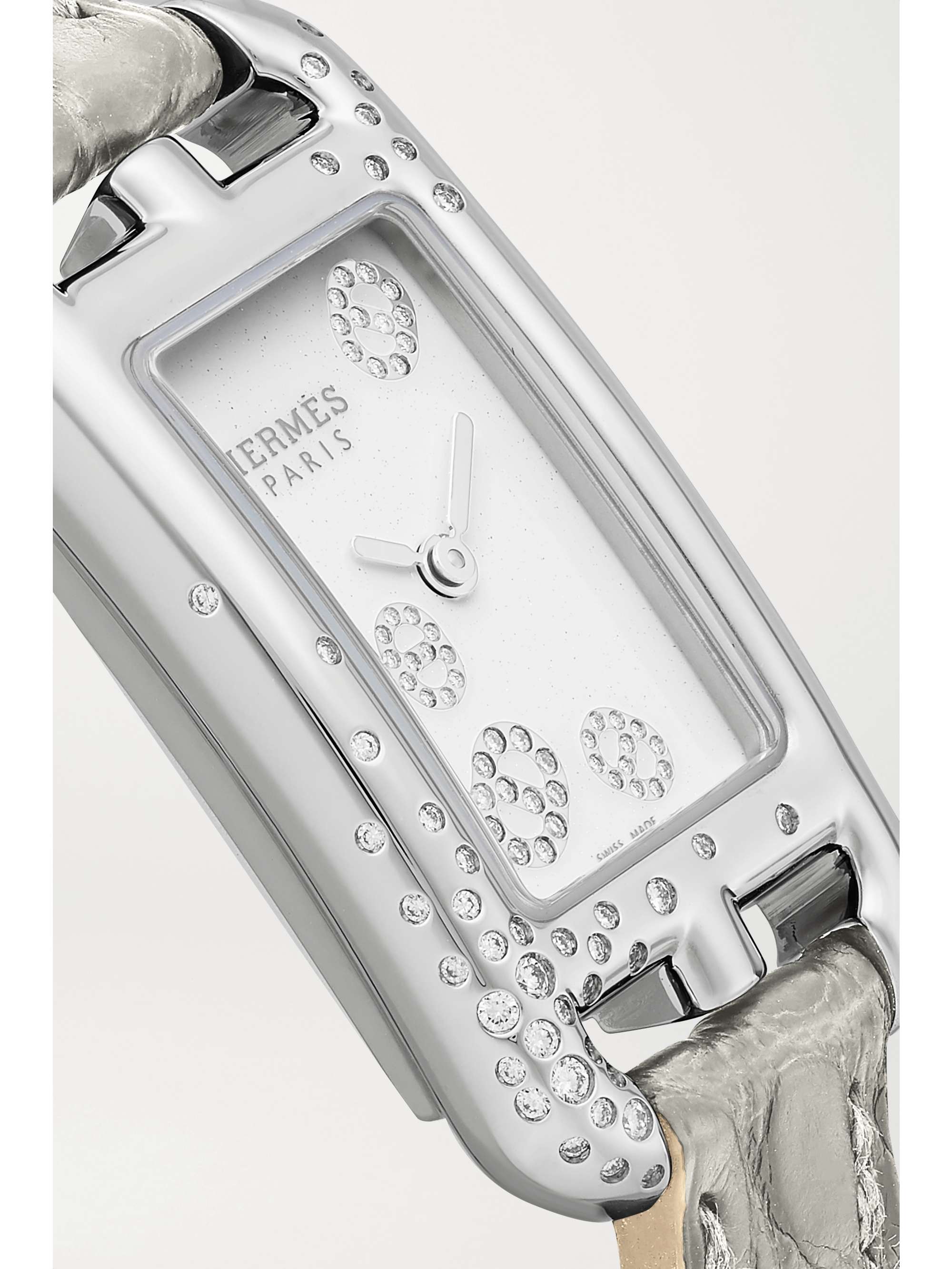 HERMÈS TIMEPIECES Montre en acier inoxydable et diamants à bracelet en alligator Nantucket Very Small 17 mm
