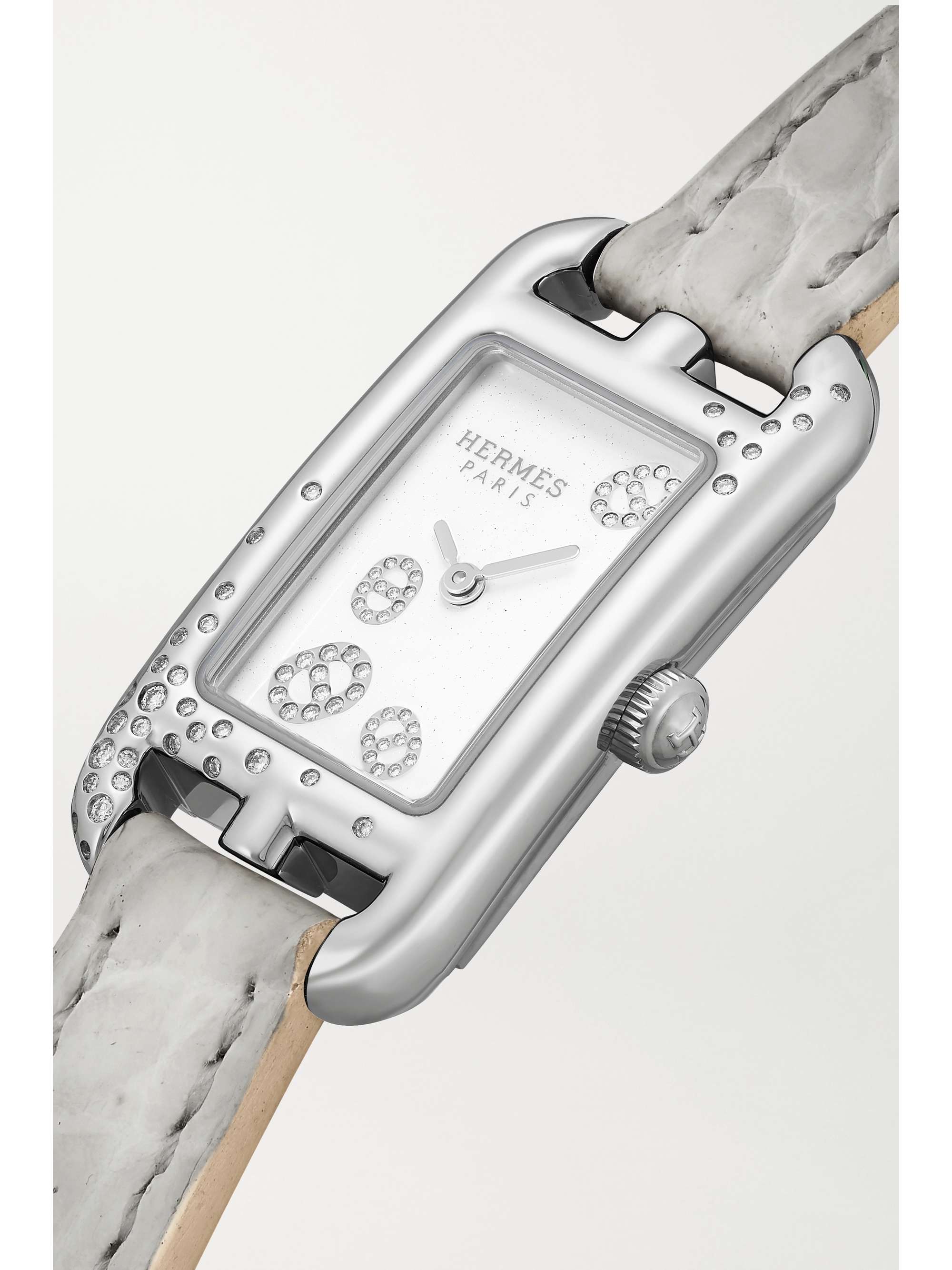 HERMÈS TIMEPIECES Montre en acier inoxydable et diamants à bracelet en alligator Nantucket Very Small 17 mm