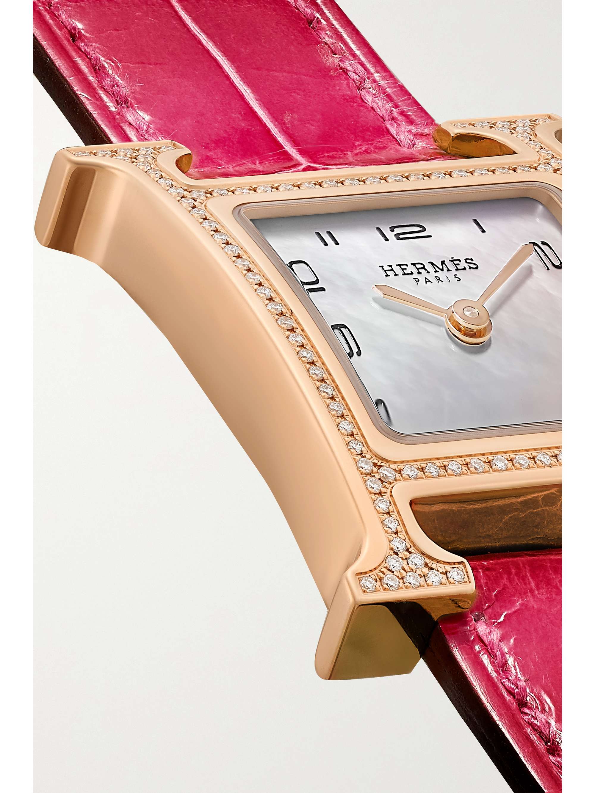 HERMÈS TIMEPIECES Montre en or rose 18 carats (750/1000), nacre et diamants à bracelet en alligator Heure H Small, 25 mm