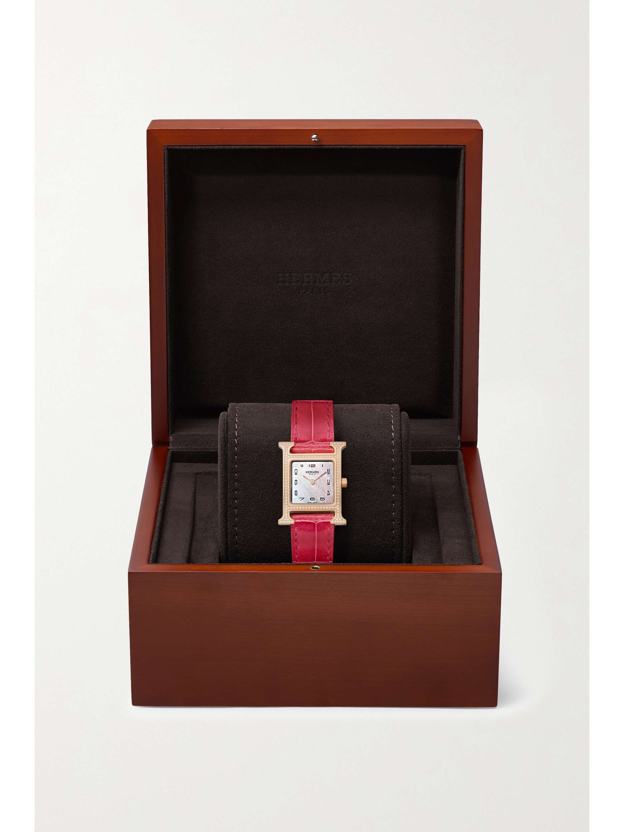 HERMÈS TIMEPIECES Montre en or rose 18 carats (750/1000), nacre et diamants à bracelet en alligator Heure H Small, 25 mm