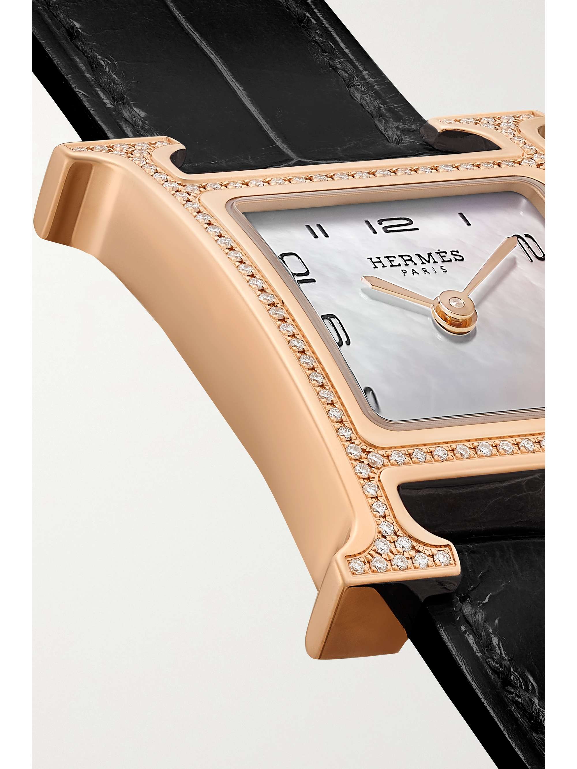 HERMÈS TIMEPIECES Heure H 25mm small 18-karat rose gold, alligator, mother-of-pearl and diamond watch