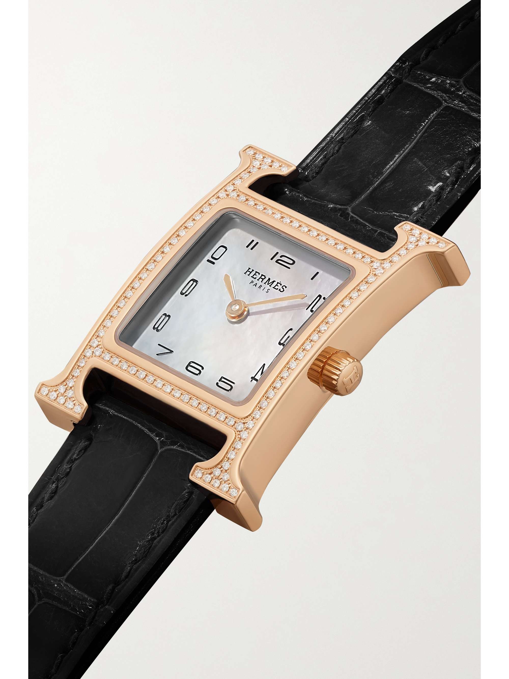HERMÈS TIMEPIECES Heure H 25mm small 18-karat rose gold, alligator, mother-of-pearl and diamond watch
