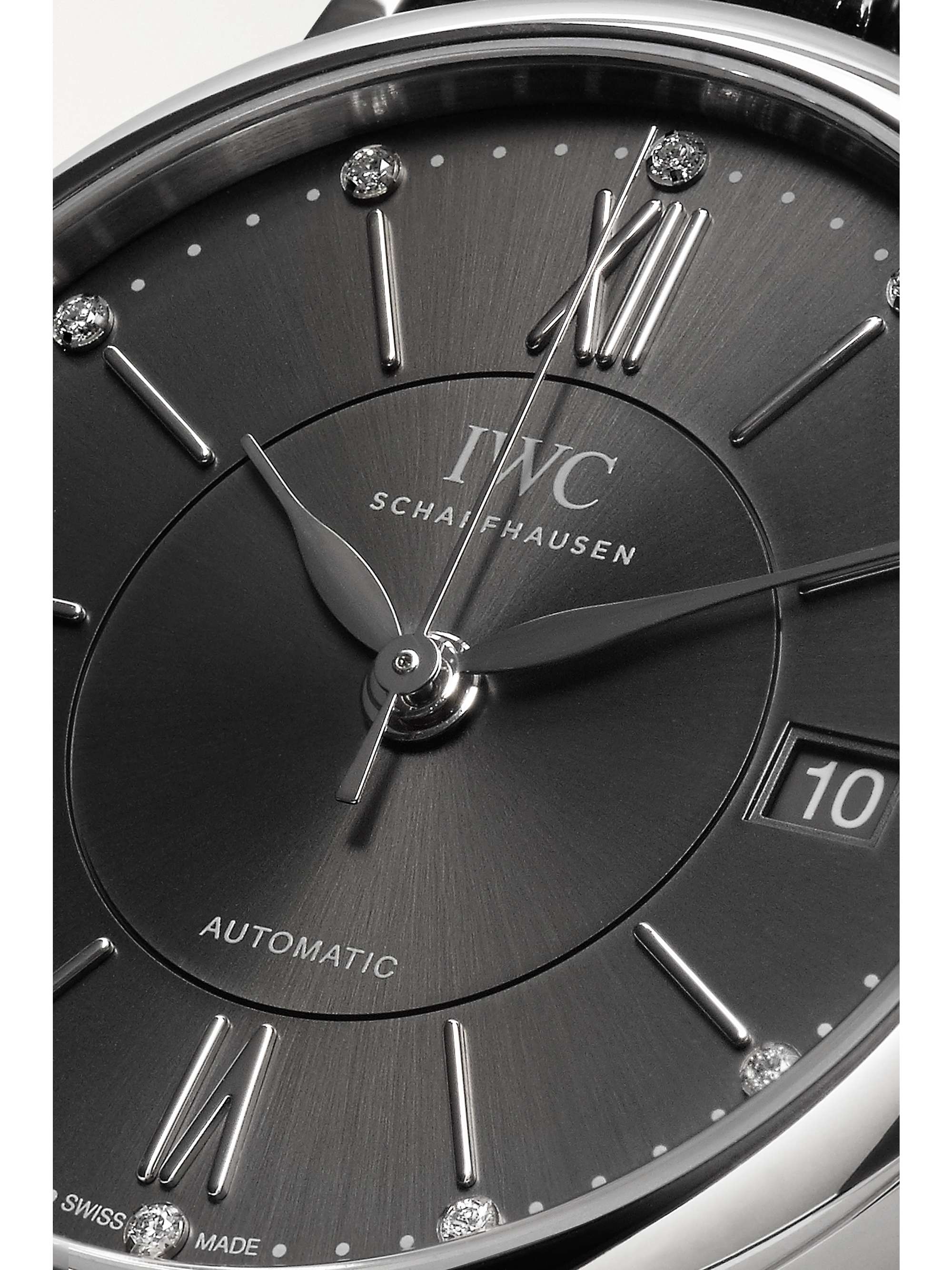 IWC SCHAFFHAUSEN Montre en acier inoxydable et diamants à bracelet en alligator Portofino Automatic, 37 mm