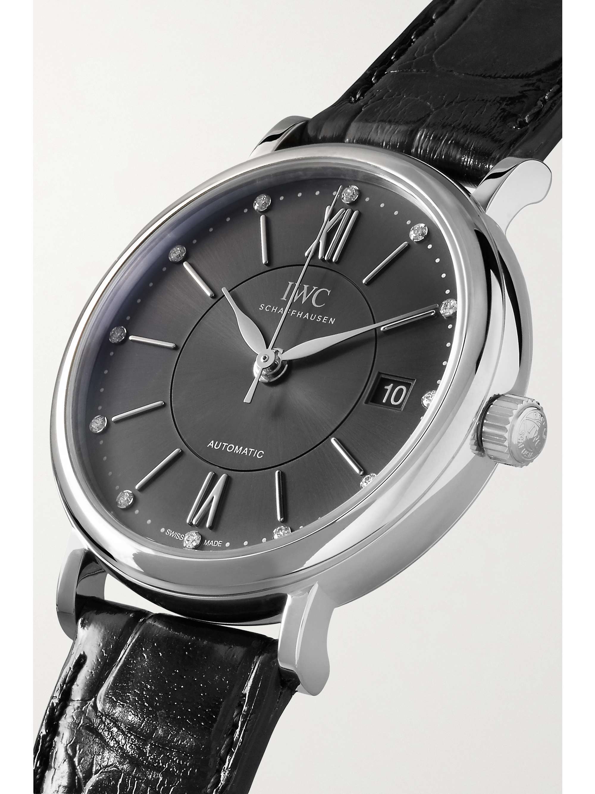 IWC SCHAFFHAUSEN Montre en acier inoxydable et diamants à bracelet en alligator Portofino Automatic, 37 mm