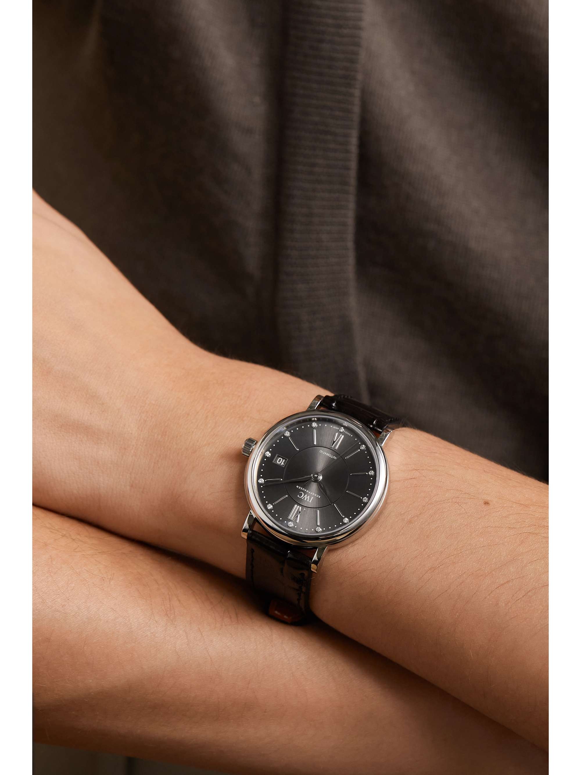 IWC SCHAFFHAUSEN Montre en acier inoxydable et diamants à bracelet en alligator Portofino Automatic, 37 mm