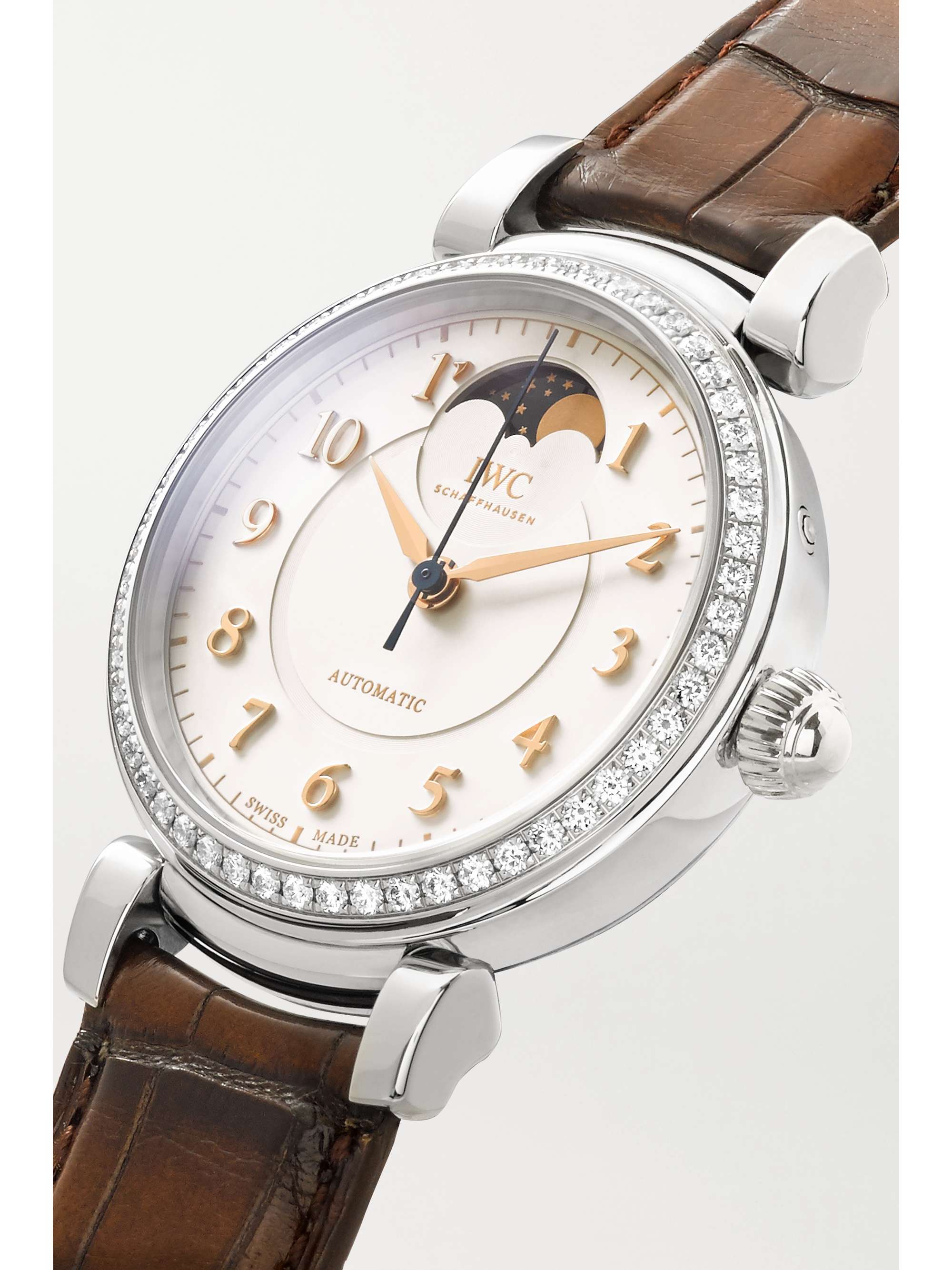 IWC SCHAFFHAUSEN Montre en acier inoxydable et diamants à bracelet en alligator Da Vinci Automatic Moon Phase, 36 mm