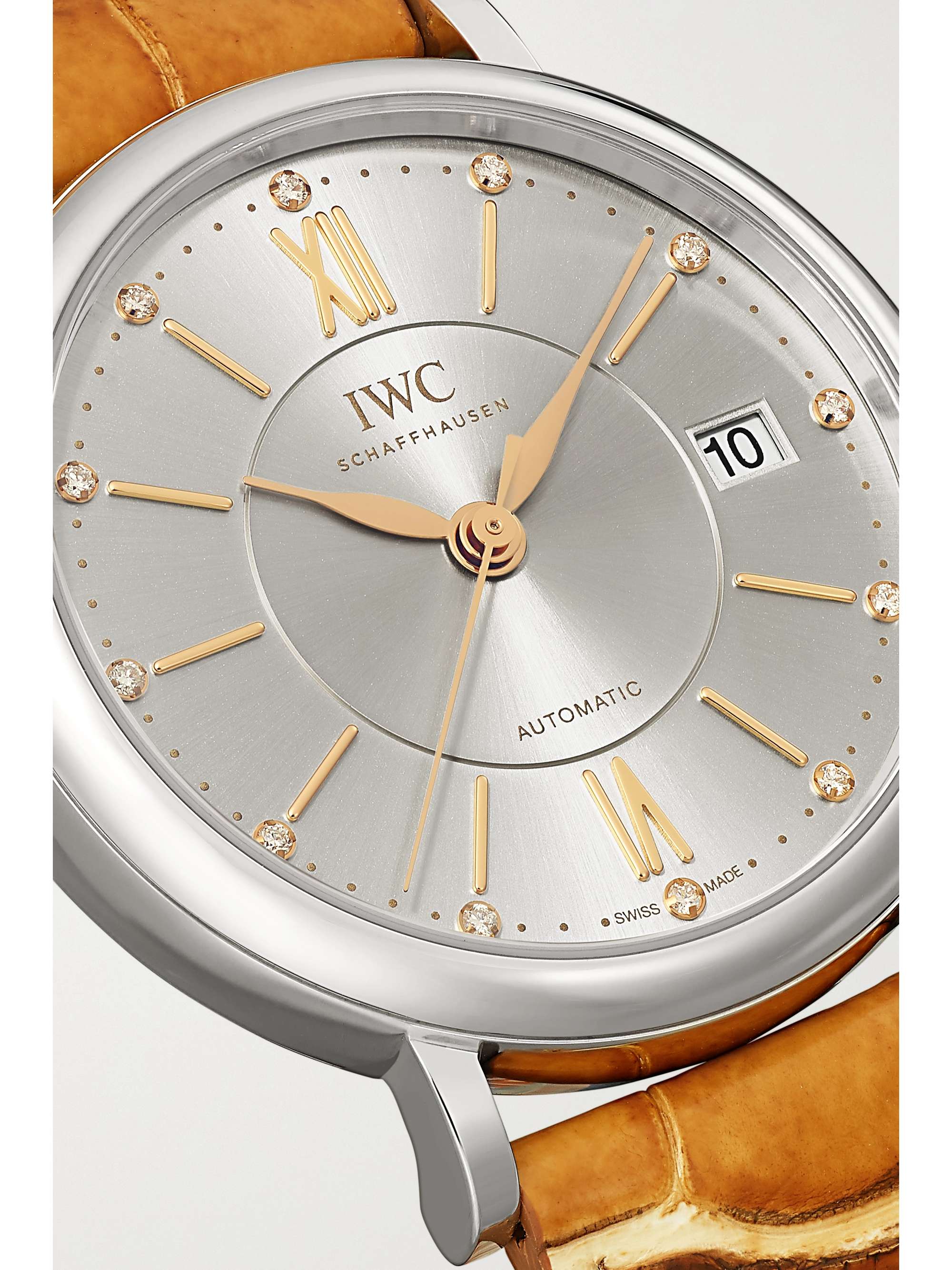 IWC SCHAFFHAUSEN Montre en acier inoxydable et diamants à bracelet en cuir Portofino Automatic, 37 mm