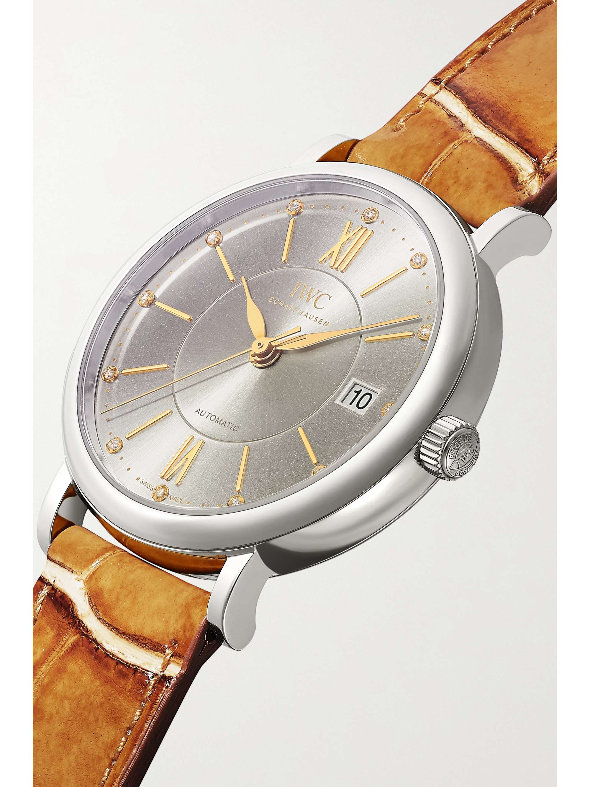 IWC SCHAFFHAUSEN Montre en acier inoxydable et diamants à bracelet en cuir Portofino Automatic, 37 mm