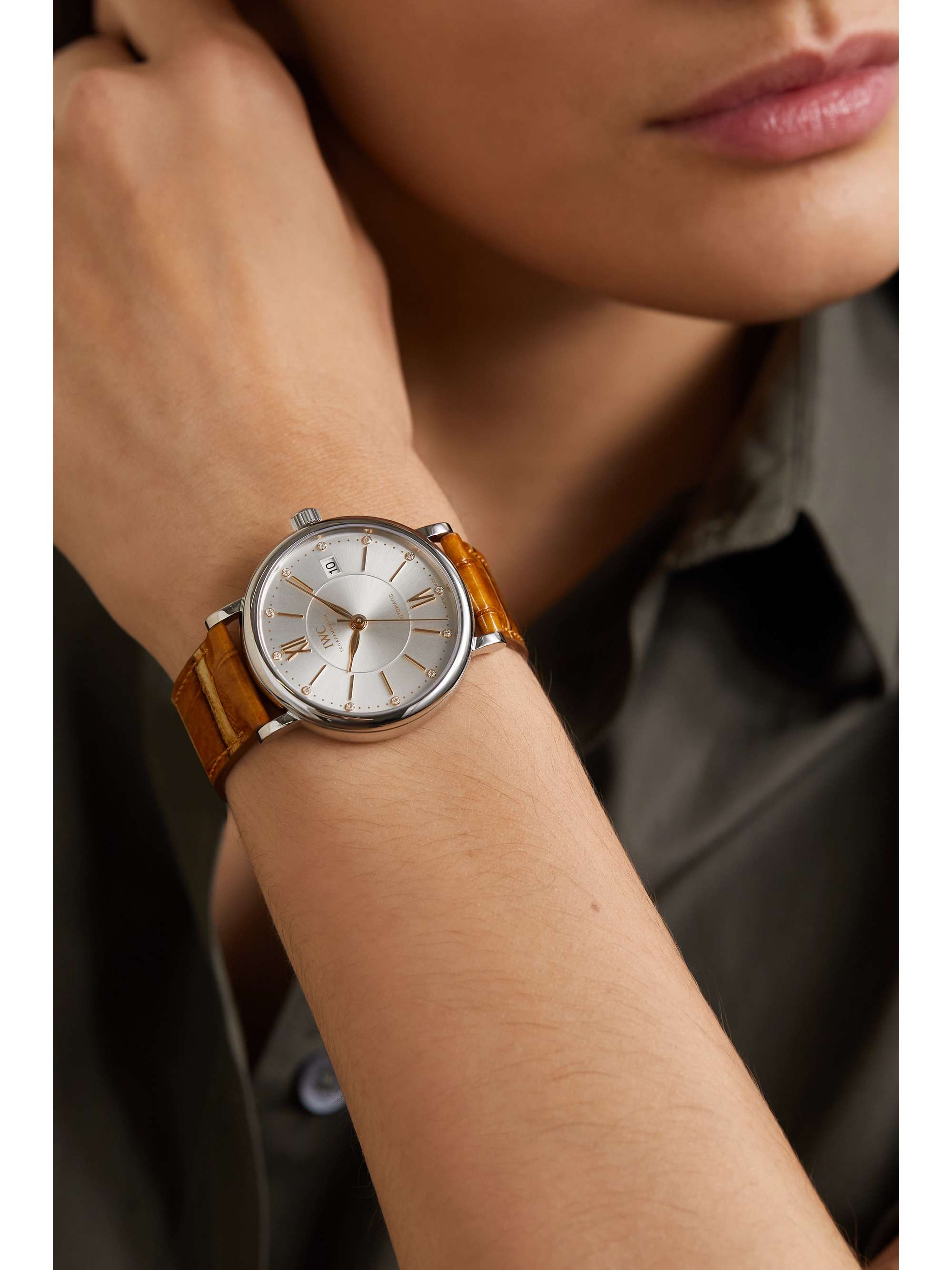 IWC SCHAFFHAUSEN Montre en acier inoxydable et diamants à bracelet en cuir Portofino Automatic, 37 mm