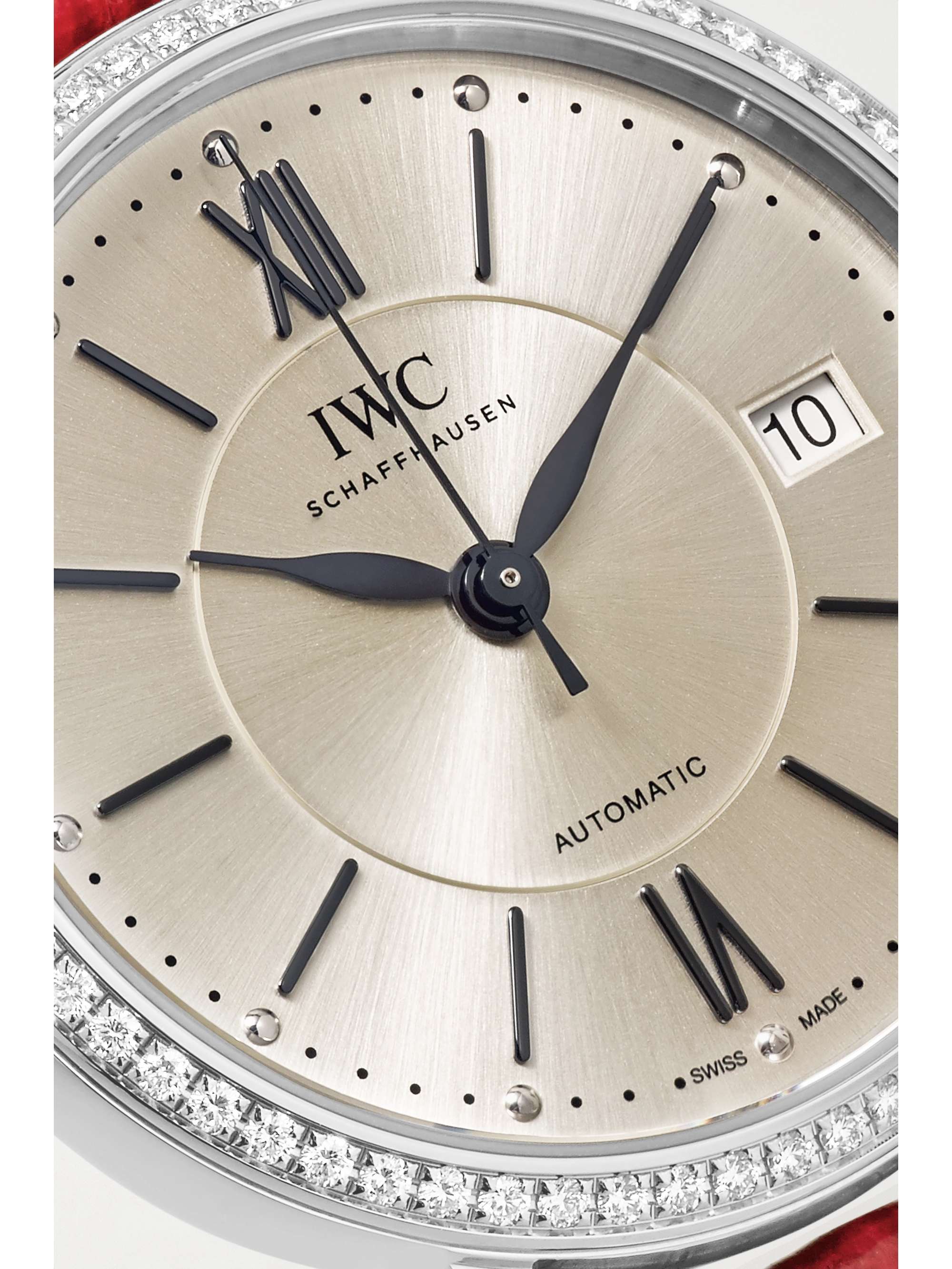 IWC SCHAFFHAUSEN Montre en acier inoxydable et diamants à bracelet en alligator Portofino Automatic, 37 mm