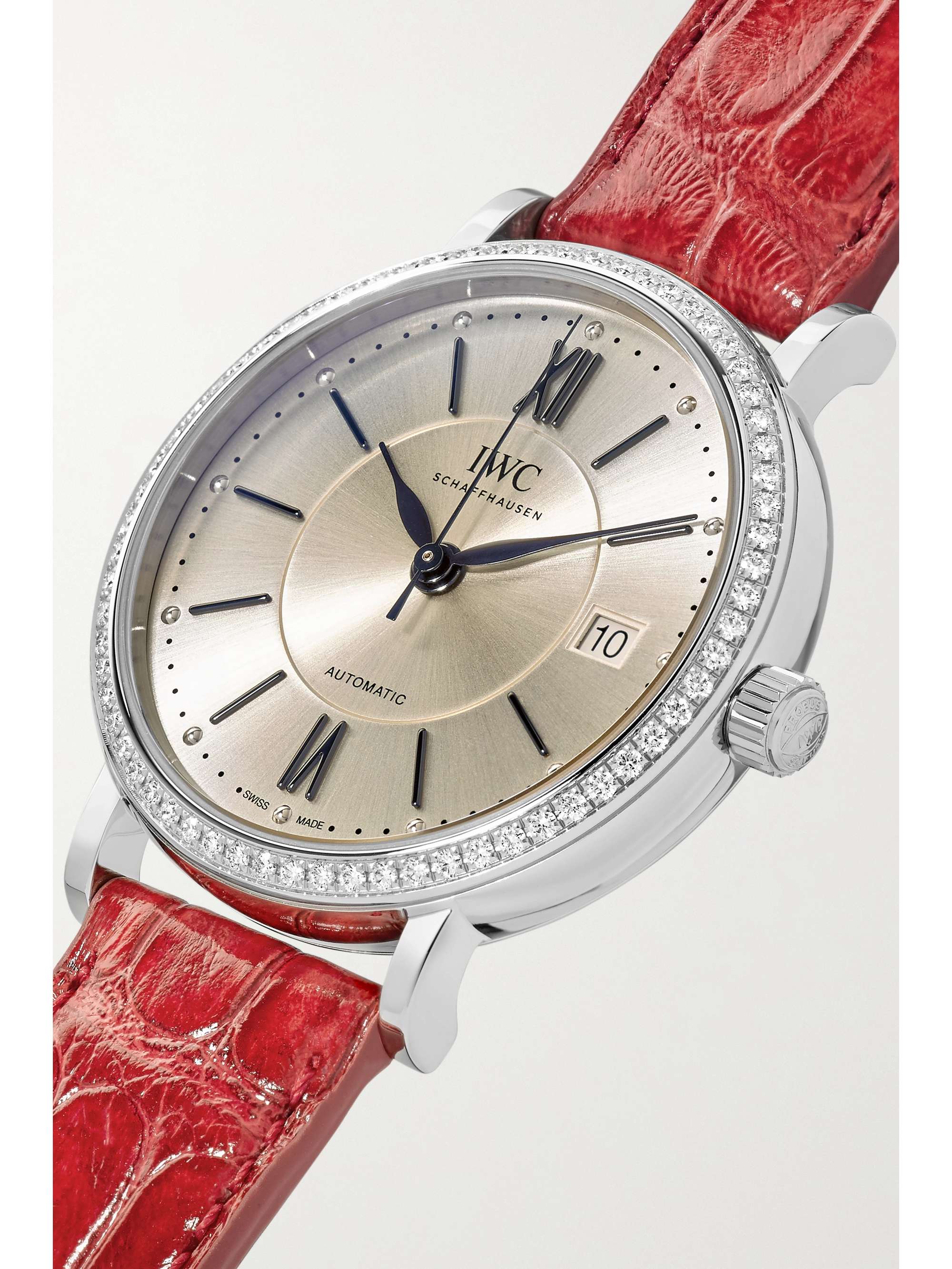 IWC SCHAFFHAUSEN Montre en acier inoxydable et diamants à bracelet en alligator Portofino Automatic, 37 mm