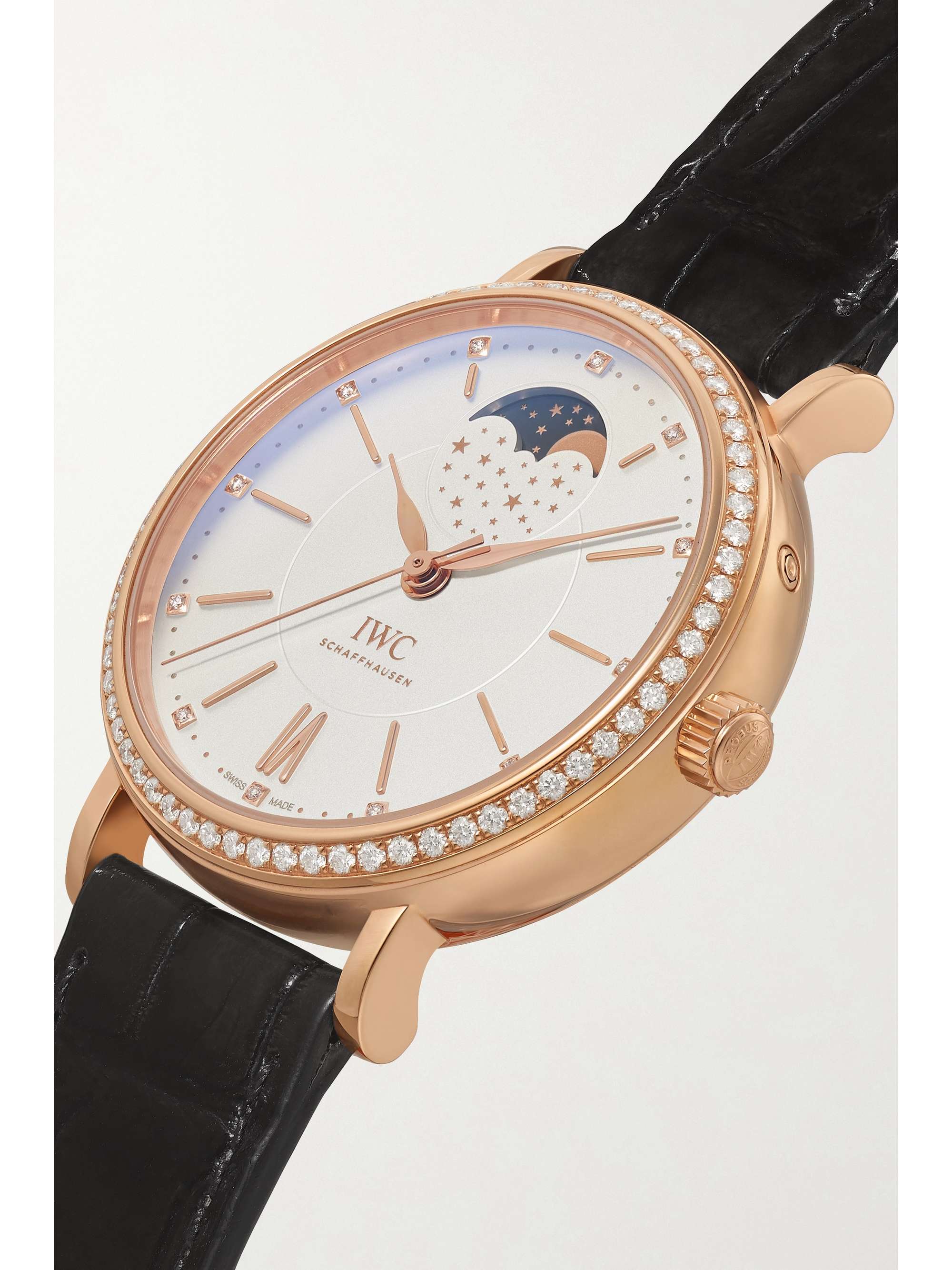 IWC SCHAFFHAUSEN Portofino Automatic Moon Phase 37mm 18-karat gold, alligator and diamond watch