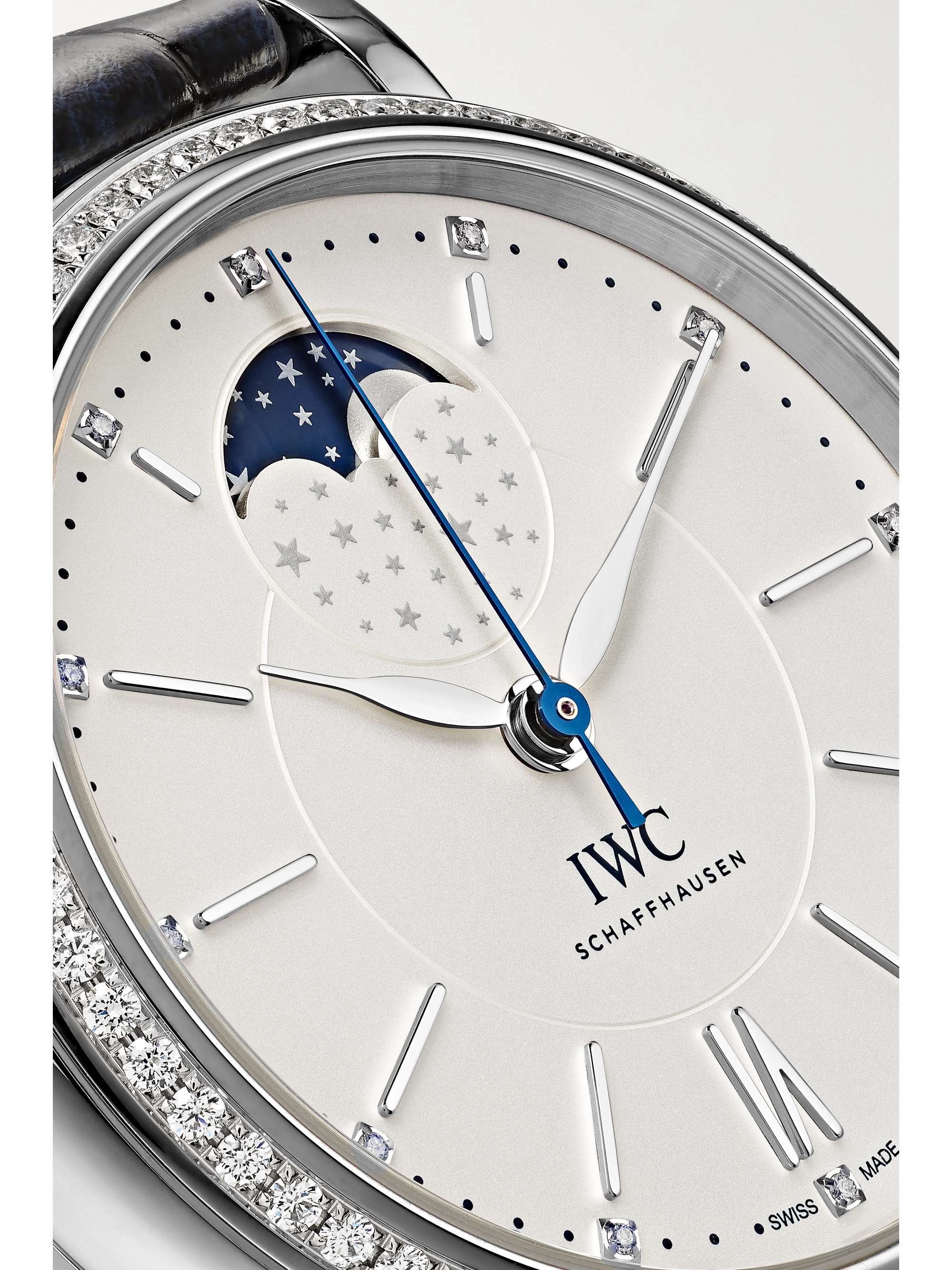 IWC SCHAFFHAUSEN Portofino Automatic Moon Phase 37mm stainless steel, textured-leather and diamond watch