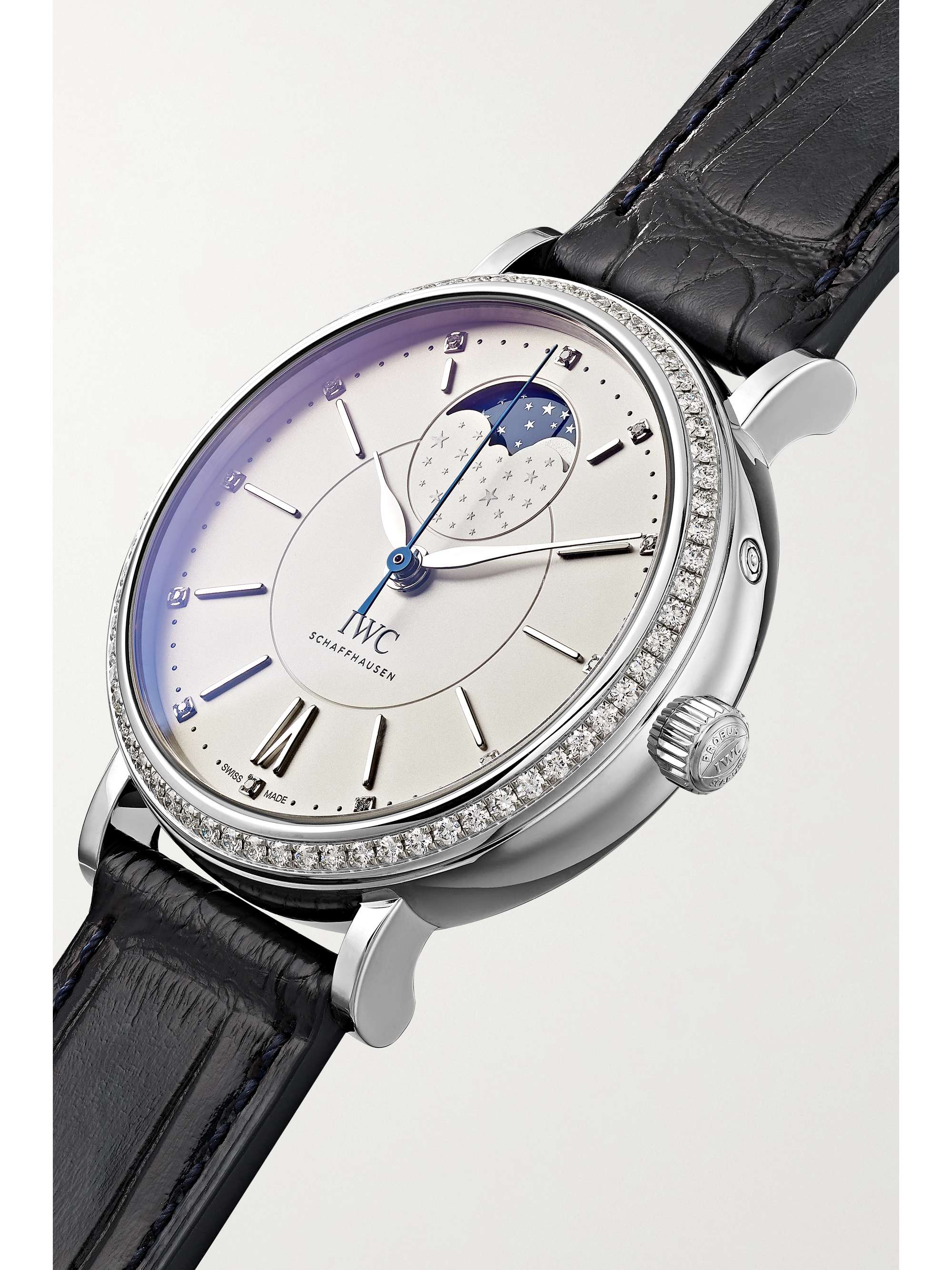IWC SCHAFFHAUSEN Portofino Automatic Moon Phase 37mm stainless steel, textured-leather and diamond watch