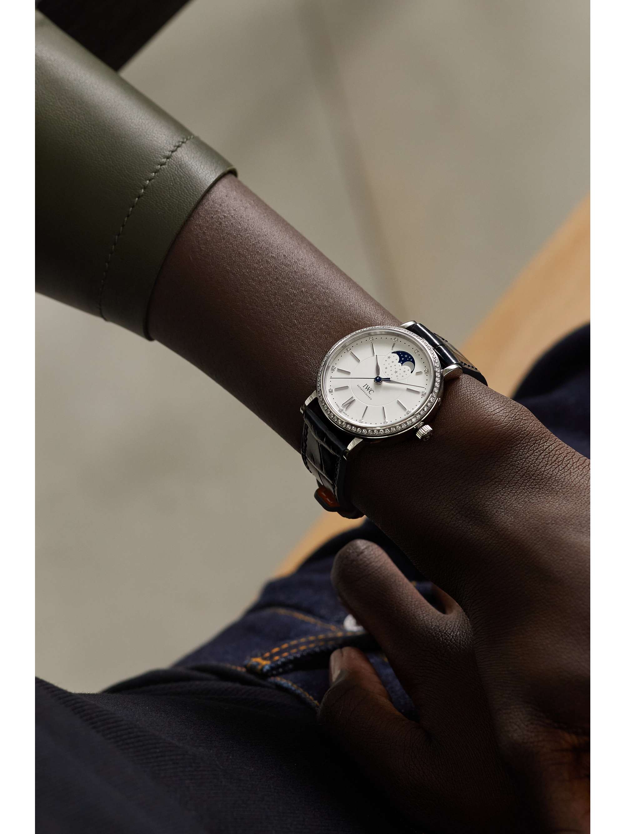 IWC SCHAFFHAUSEN Portofino Automatic Moon Phase 37mm stainless steel, textured-leather and diamond watch