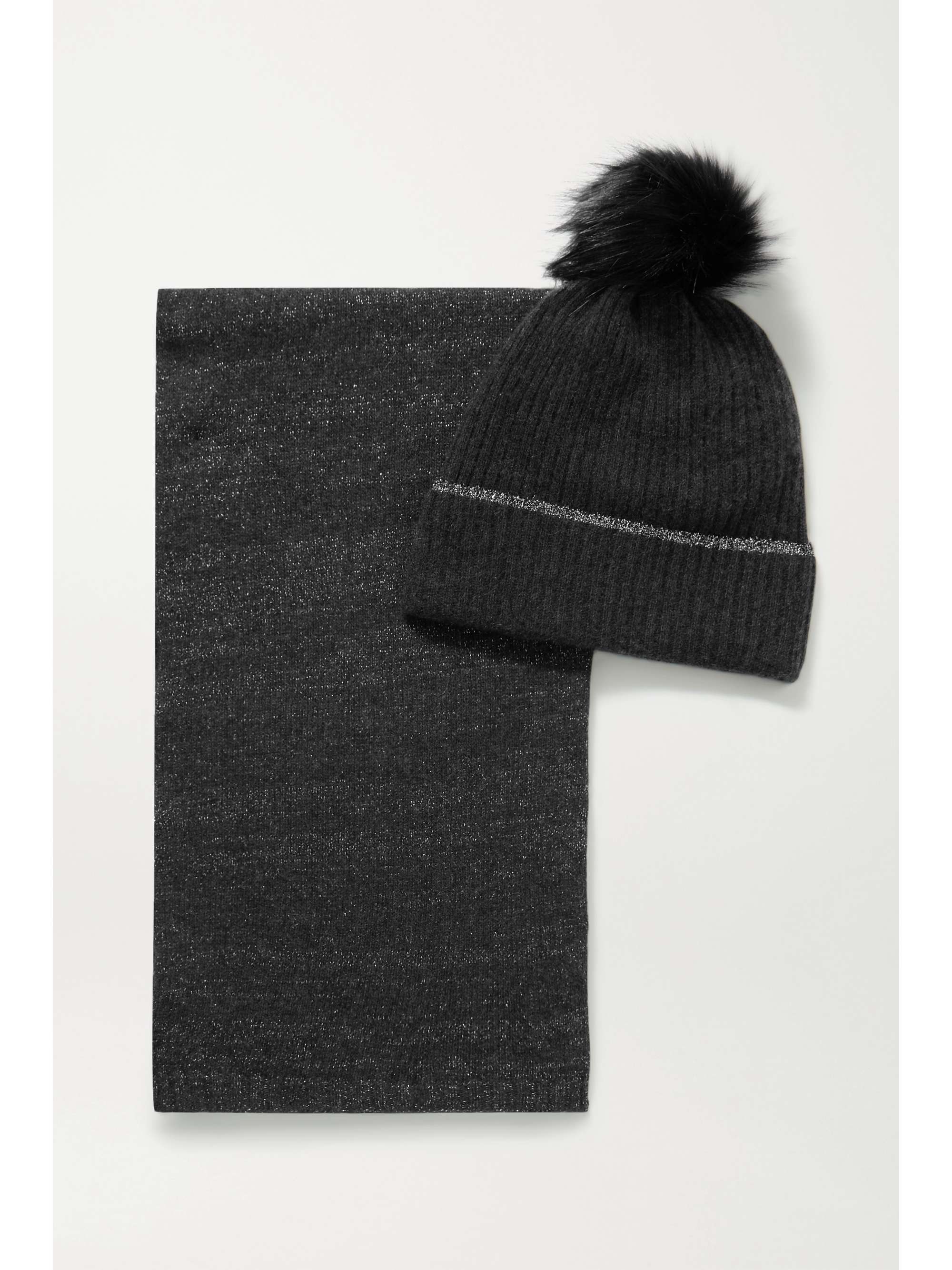 Gray Faux fur-trimmed metallic cashmere 