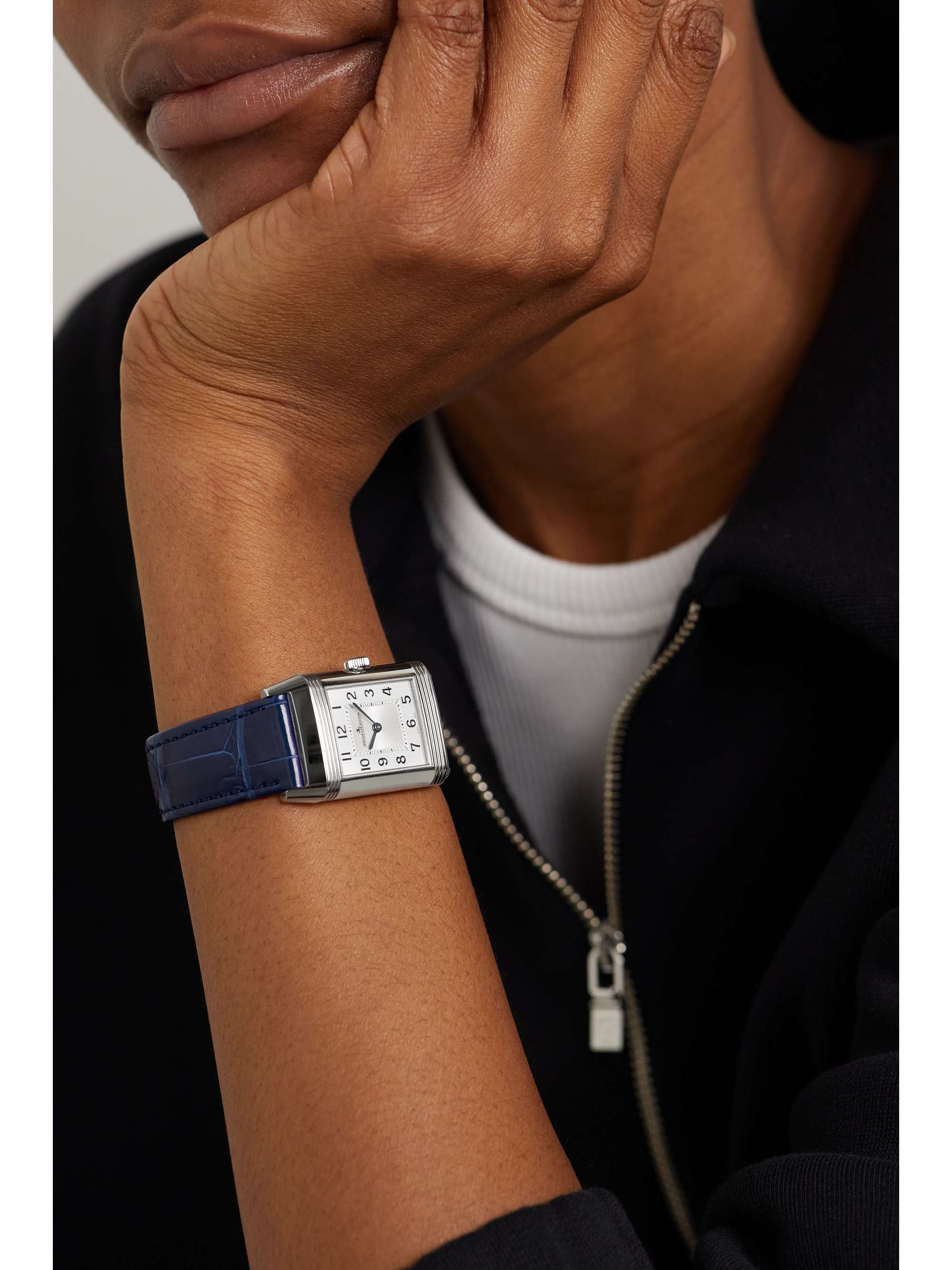 JAEGER LECOULTRE Montre à remontage manuel en acier inoxydable et diamants à bracelet en alligator Reverso Classic Medium Duetto, 40 x 24 mm