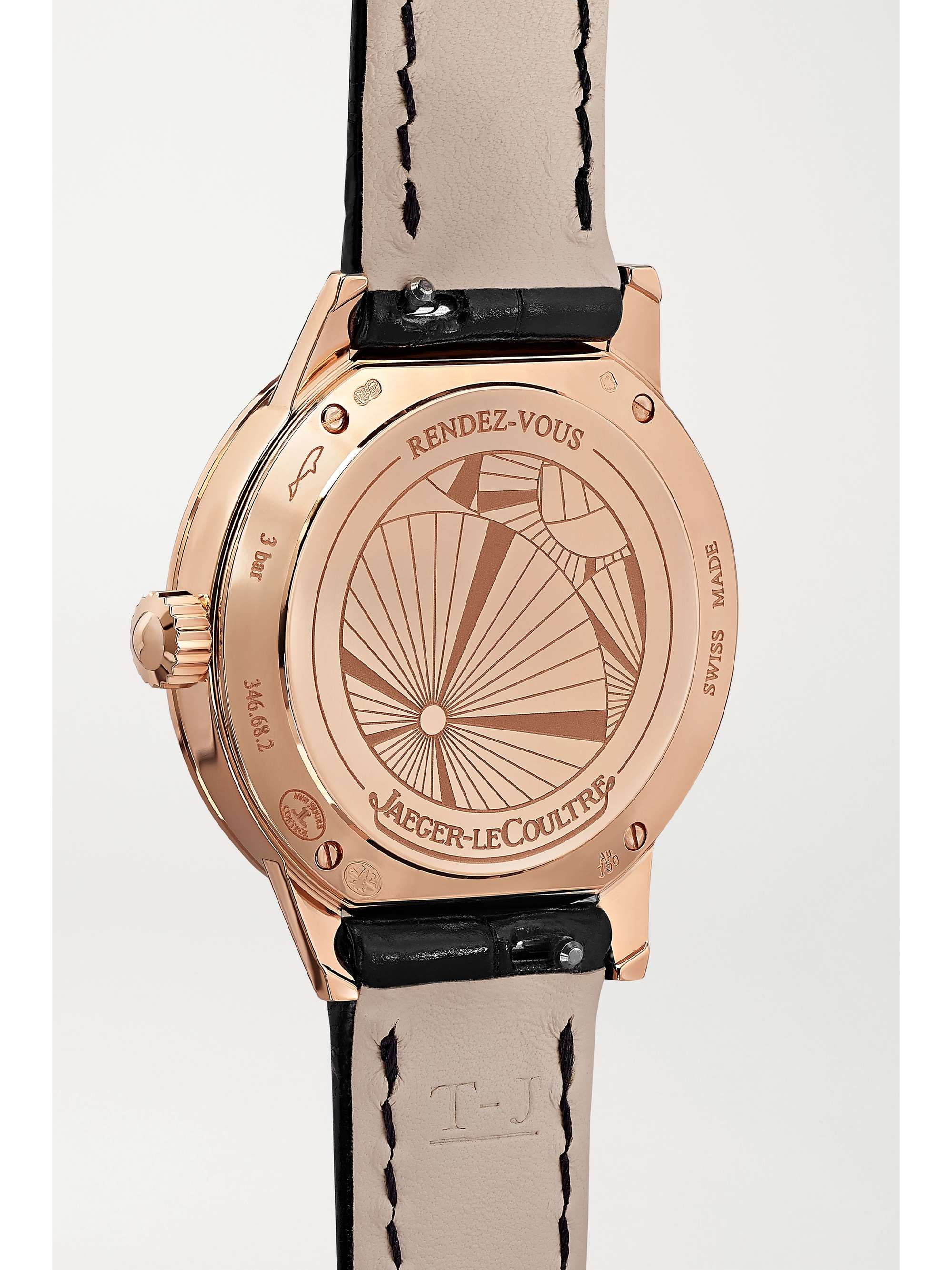 JAEGER LECOULTRE Montre en or rose 18 carats (750/1000) et diamants à bracelet en alligator Rendez-Vous Date Small 29 mm