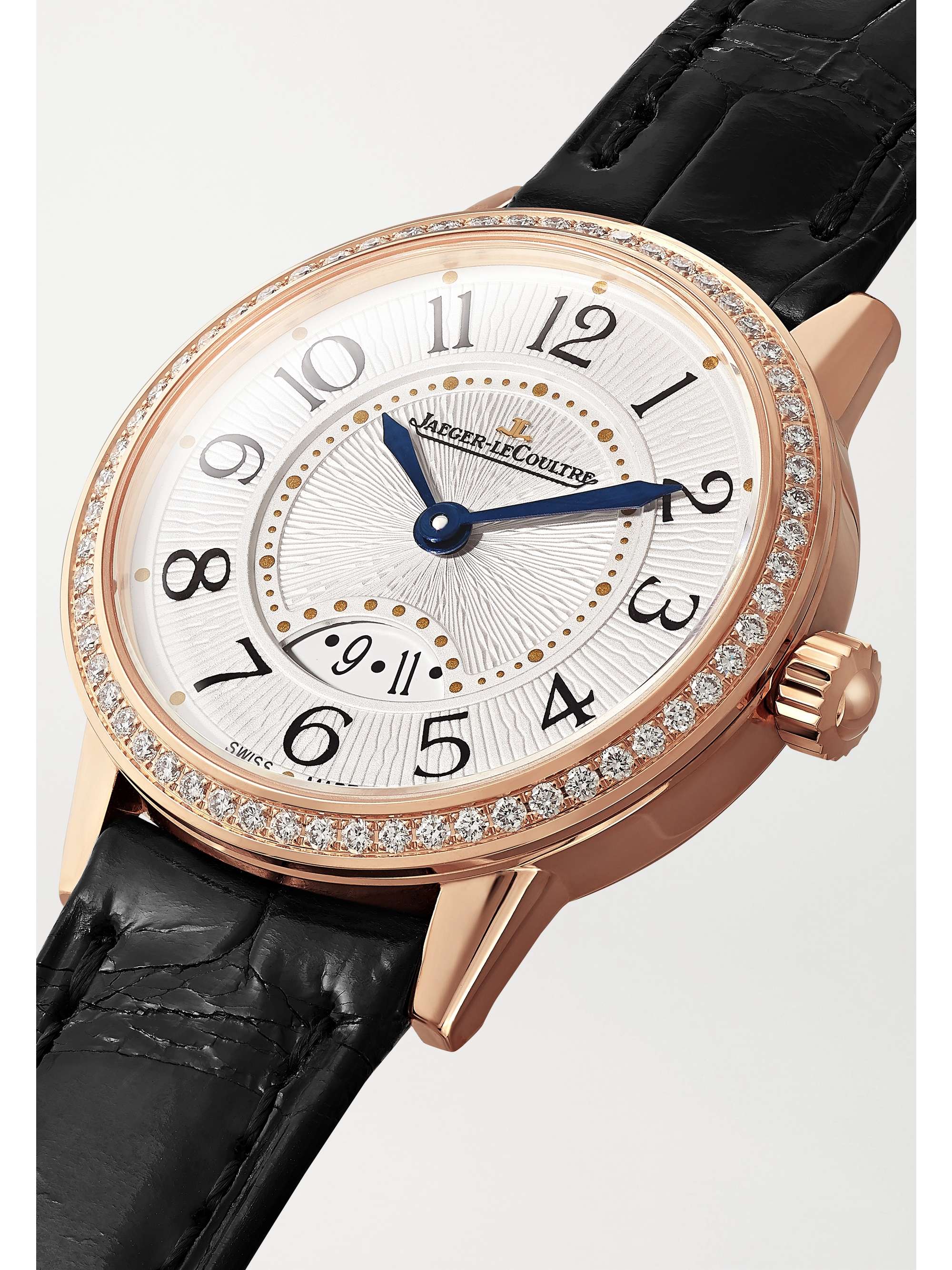 JAEGER LECOULTRE Montre en or rose 18 carats (750/1000) et diamants à bracelet en alligator Rendez-Vous Date Small 29 mm