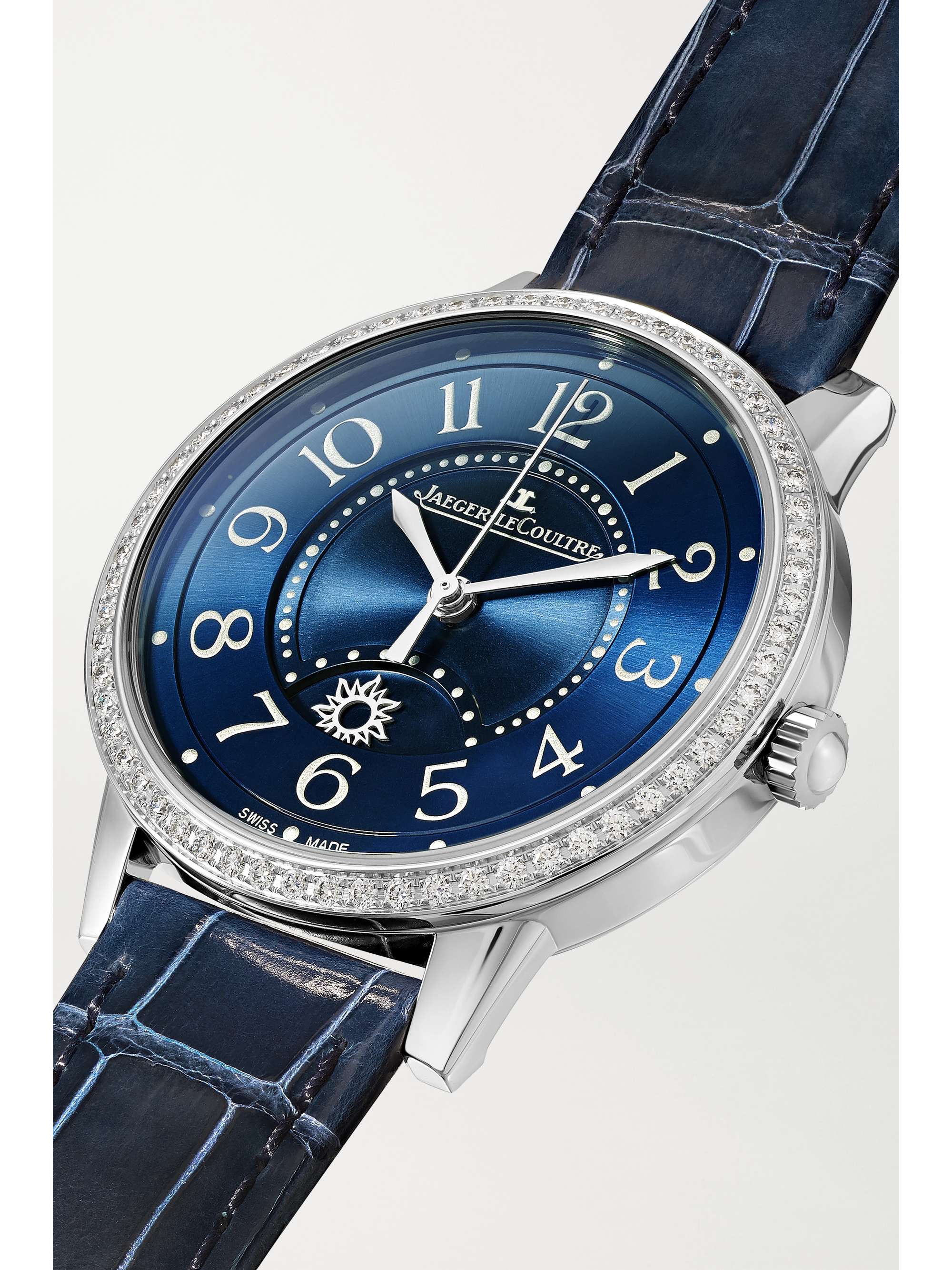 JAEGER LECOULTRE Rendez-Vous Night & Day Medium Automatic 34 mm Uhr aus Edelstahl mit Diamanten und Alligatorlederarmband