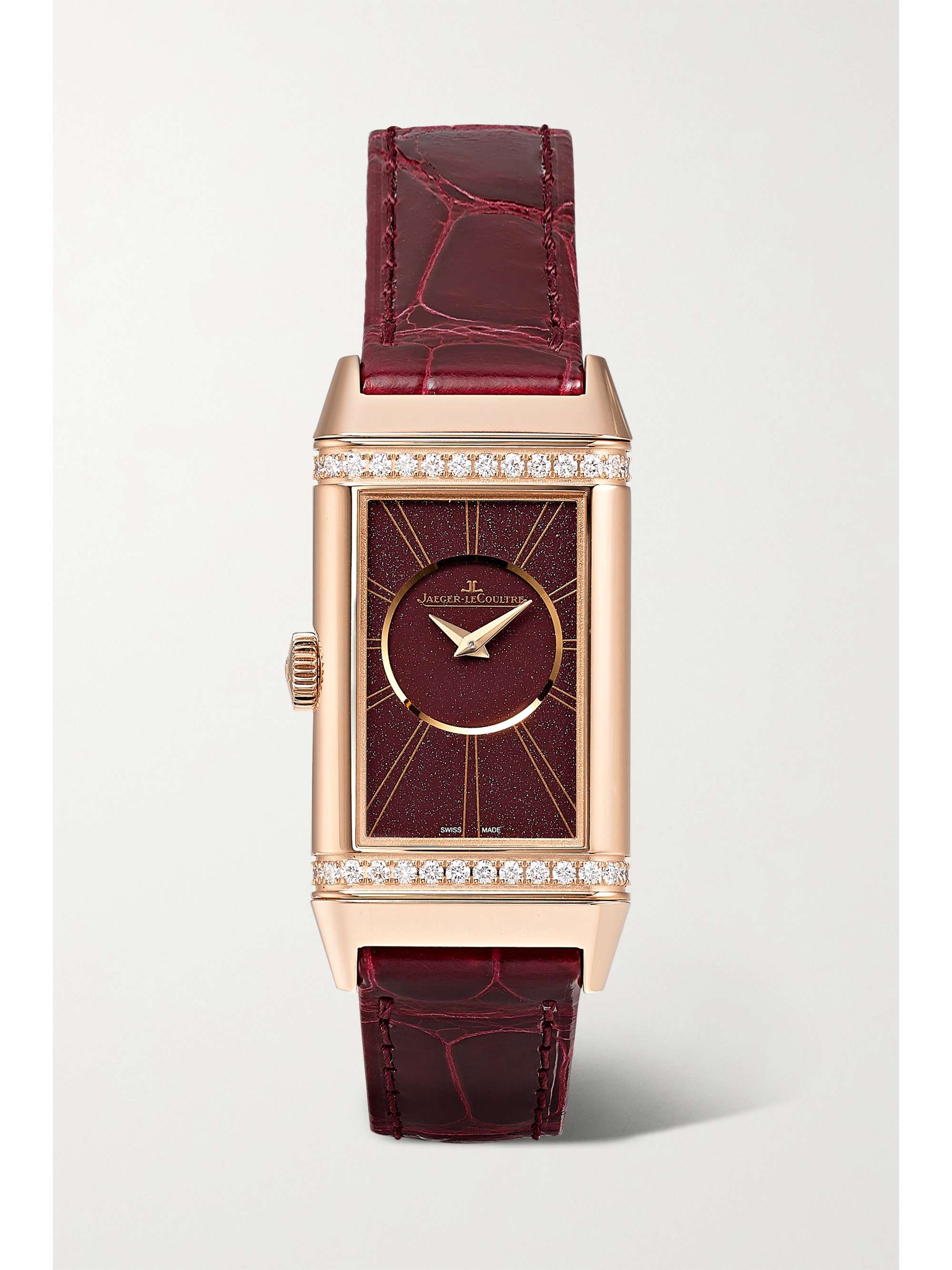 JAEGER LECOULTRE Montre en or rose et diamants à bracelet en alligator Reverso One Duetto, 40,1 x 20 mm