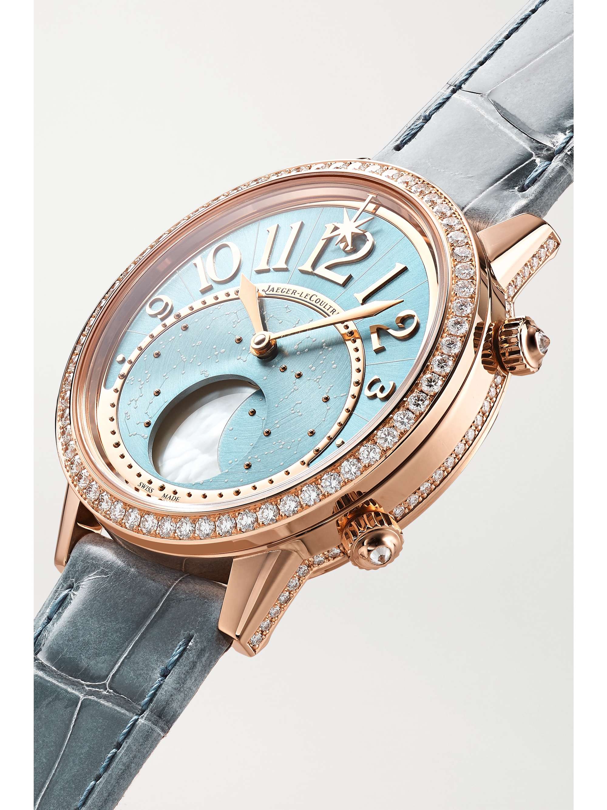 JAEGER LECOULTRE Montre en or rose 18 carats (750/1000) et diamants à bracelet en alligator Rendez-Vous Moon Serenity Automatique 36 mm
