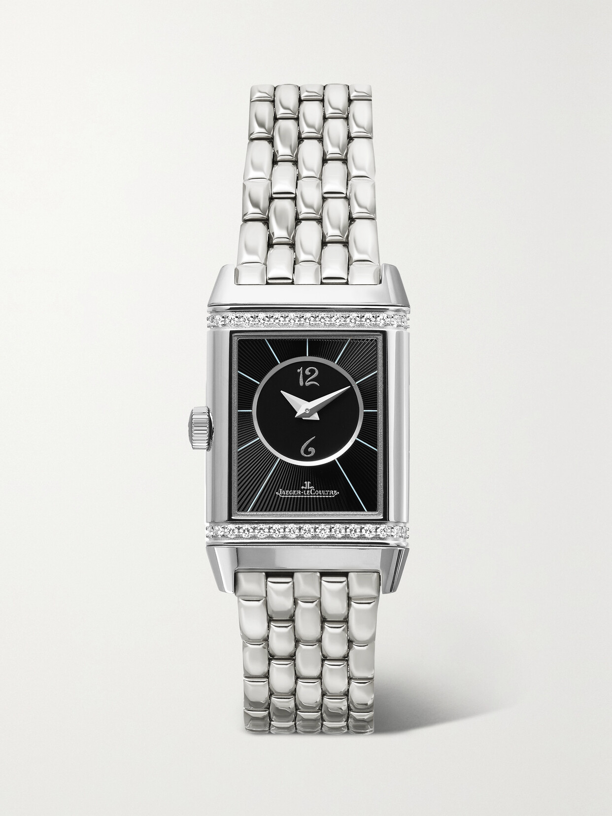 Jaeger-lecoultre Reverso Classic Duetto Small Hand-wound 34.2mm X 21mm Stainless Steel And Diamond Watch In Silver