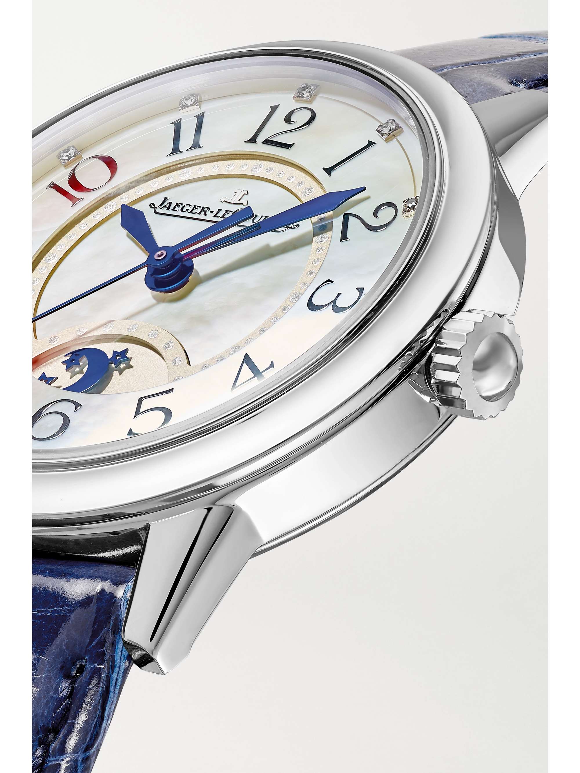 JAEGER LECOULTRE Rendez-Vous Night & Day Automatic Moon-Phase kleine 29 mm Uhr aus Edelstahl mit Diamanten und Alligatorlederarmband