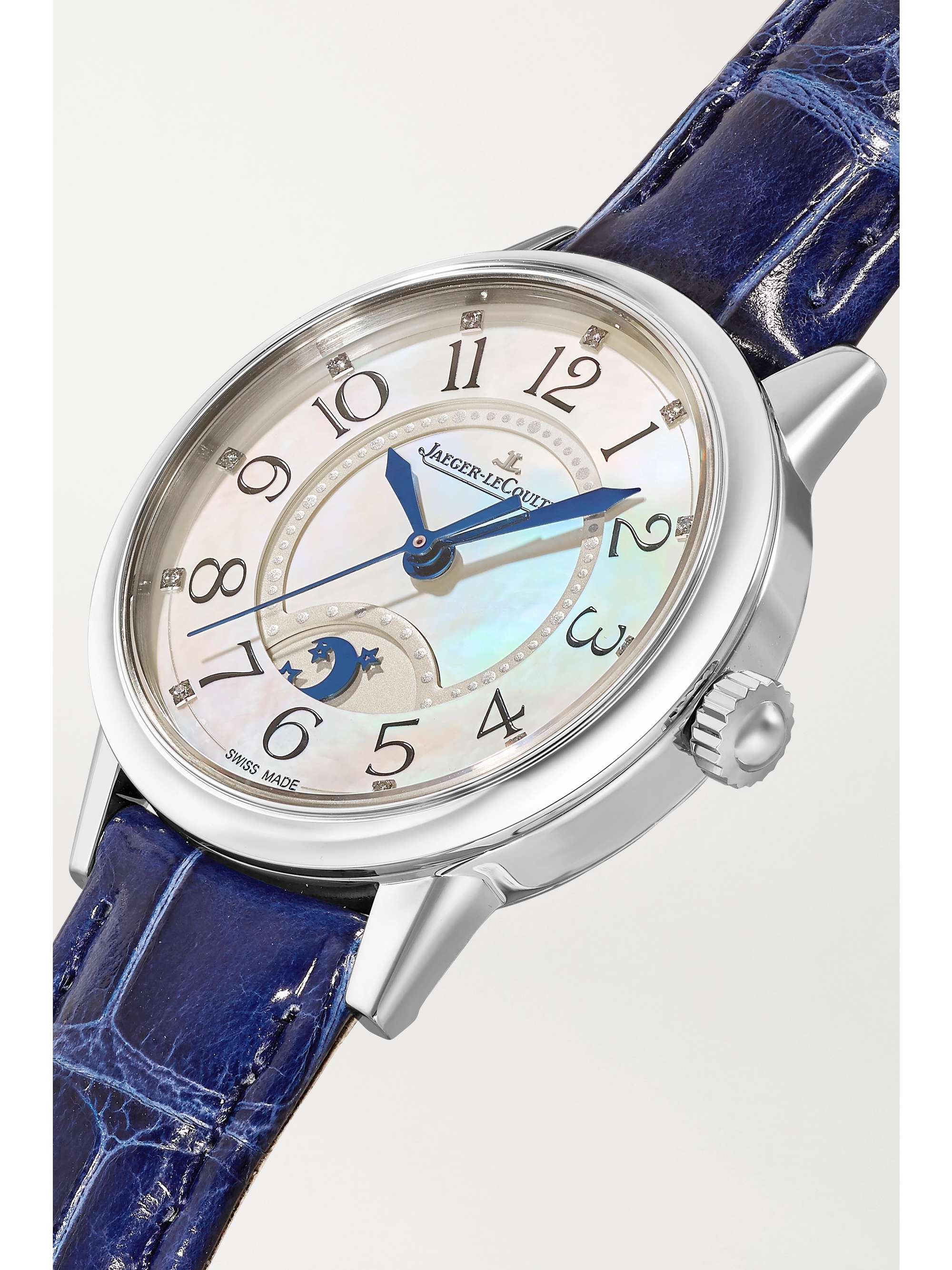JAEGER LECOULTRE Rendez-Vous Night & Day Automatic Moon-Phase kleine 29 mm Uhr aus Edelstahl mit Diamanten und Alligatorlederarmband