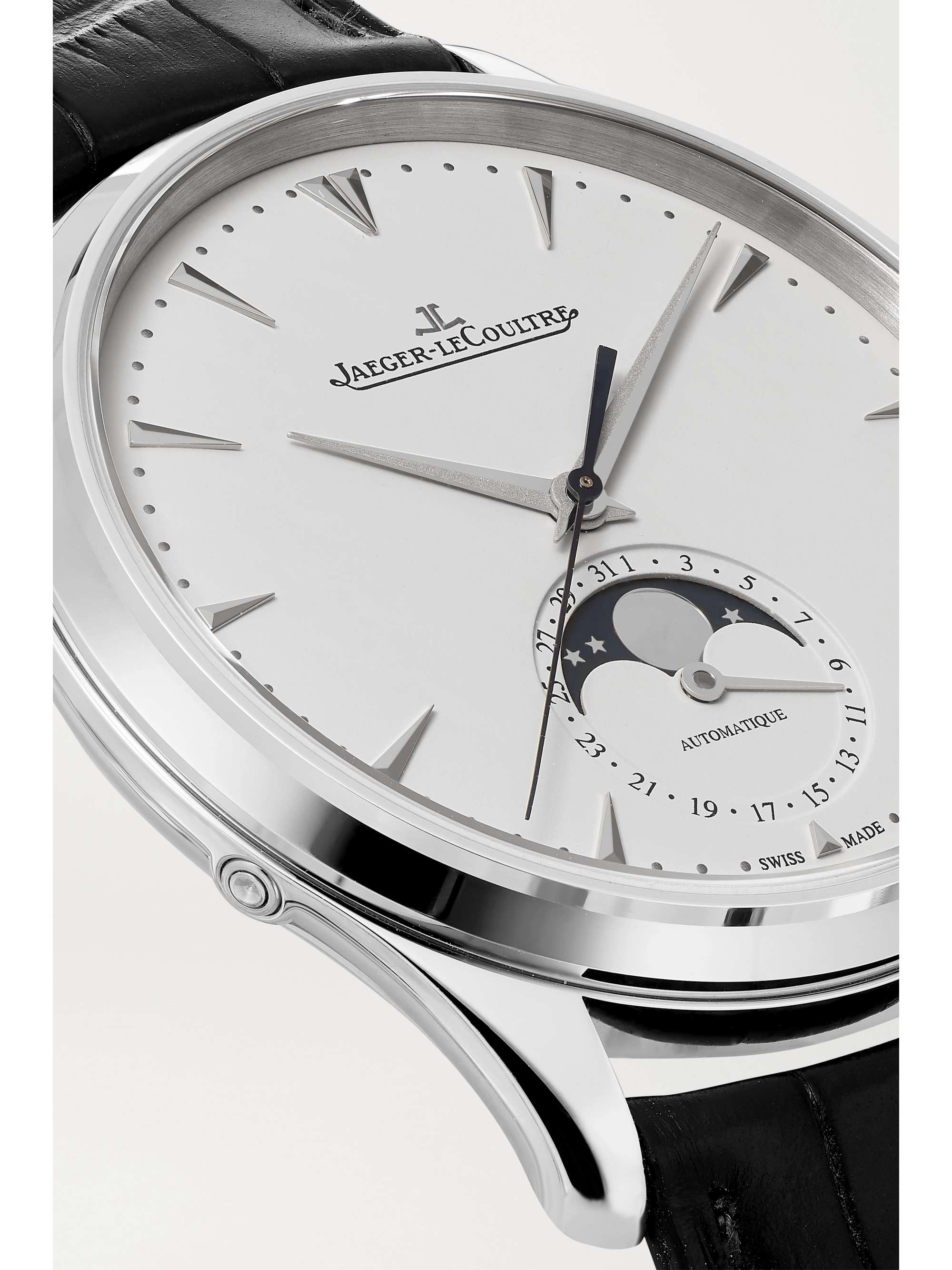 JAEGER LECOULTRE Master Ultra Thin Moon Automatic 39 mm Uhr aus Edelstahl mit Alligatorlederarmband
