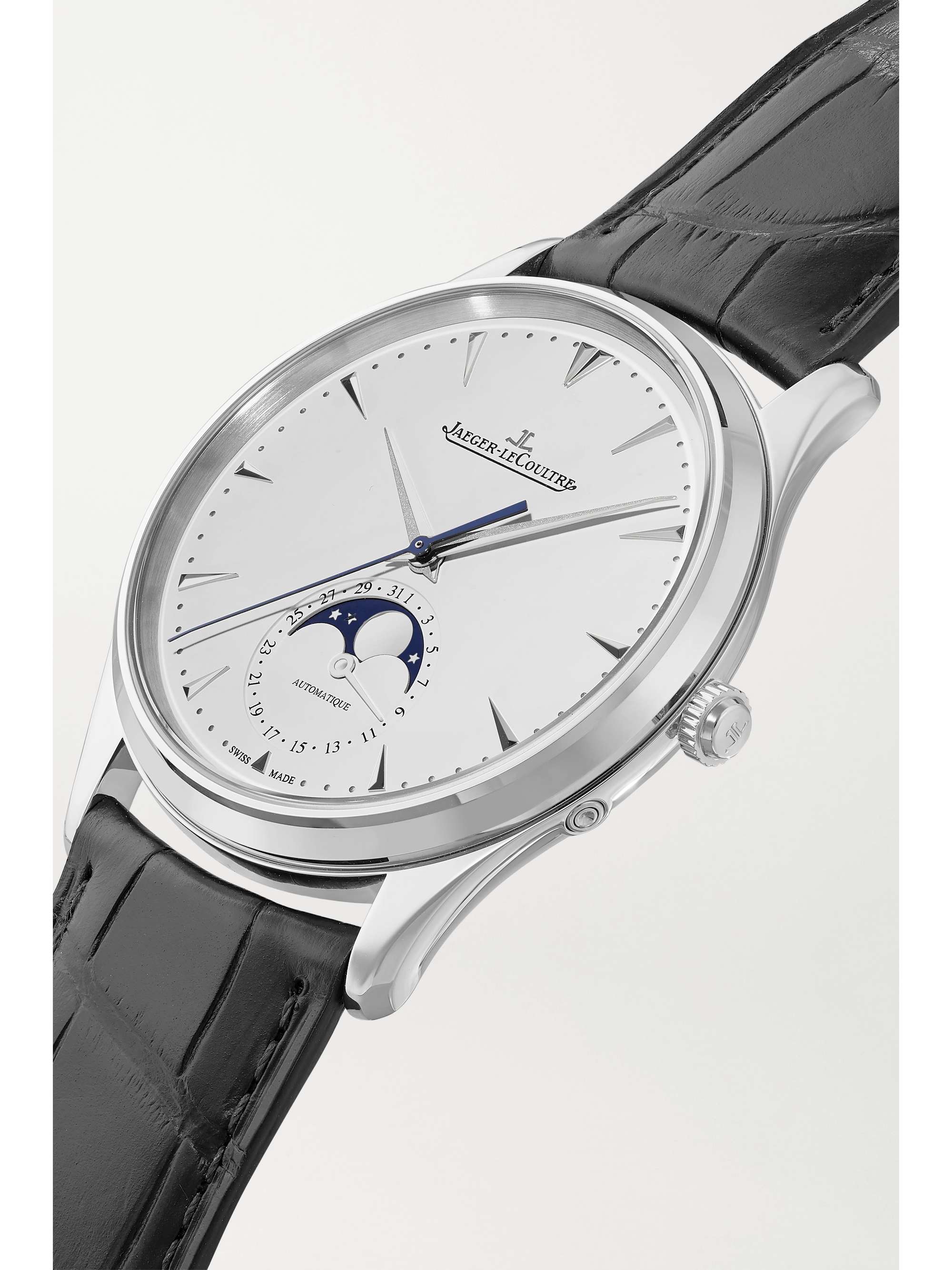 JAEGER LECOULTRE Master Ultra Thin Moon Automatic 39 mm Uhr aus Edelstahl mit Alligatorlederarmband