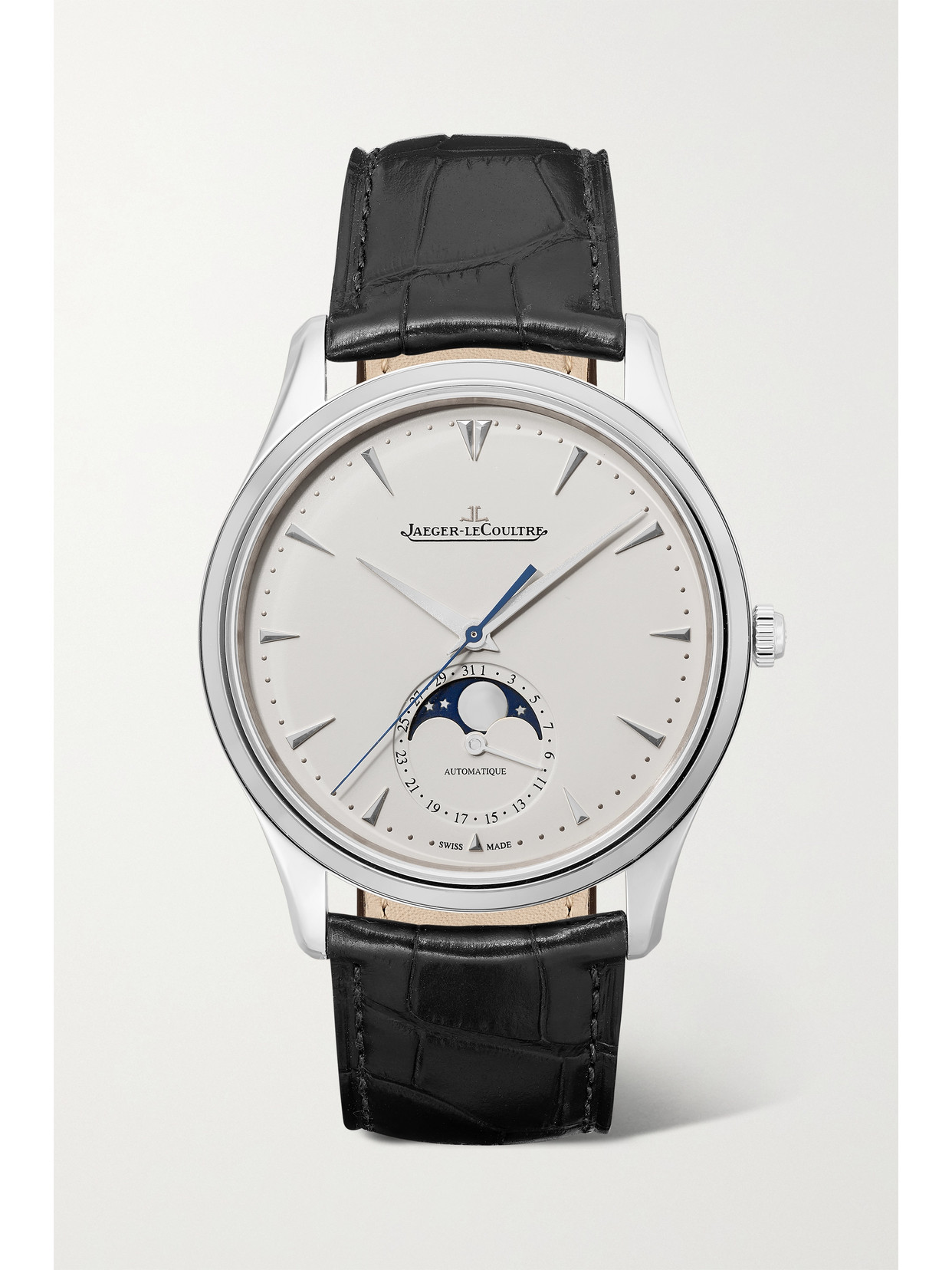 JAEGER-LECOULTRE MASTER ULTRA THIN MOON AUTOMATIC 39MM STAINLESS STEEL AND ALLIGATOR WATCH 