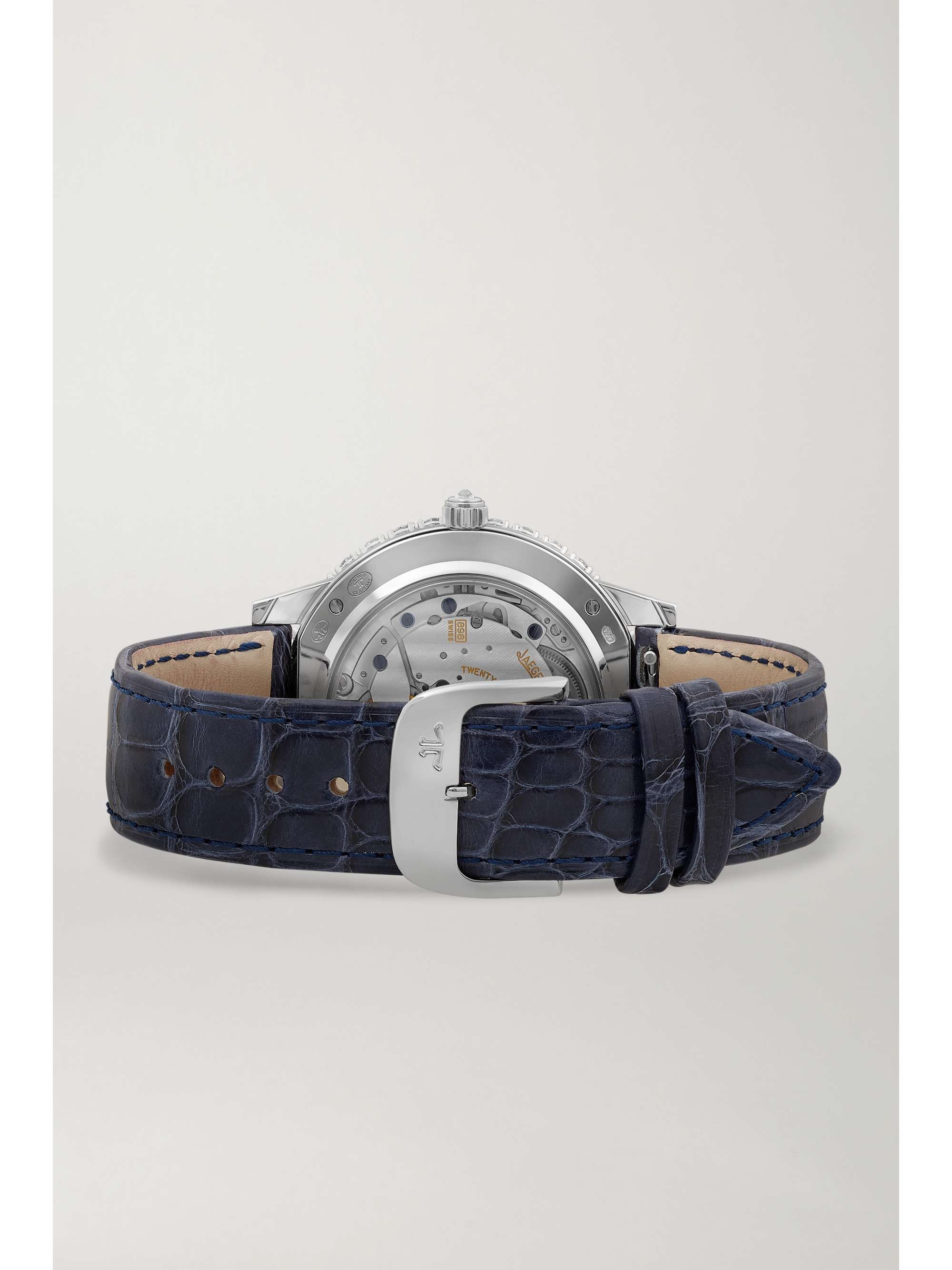 JAEGER LECOULTRE Rendez-Vous Night & Day Automatic 36 mm Uhr aus 18 Karat Weißgold mit Perlmutt, Diamanten und Alligatorlederarmband