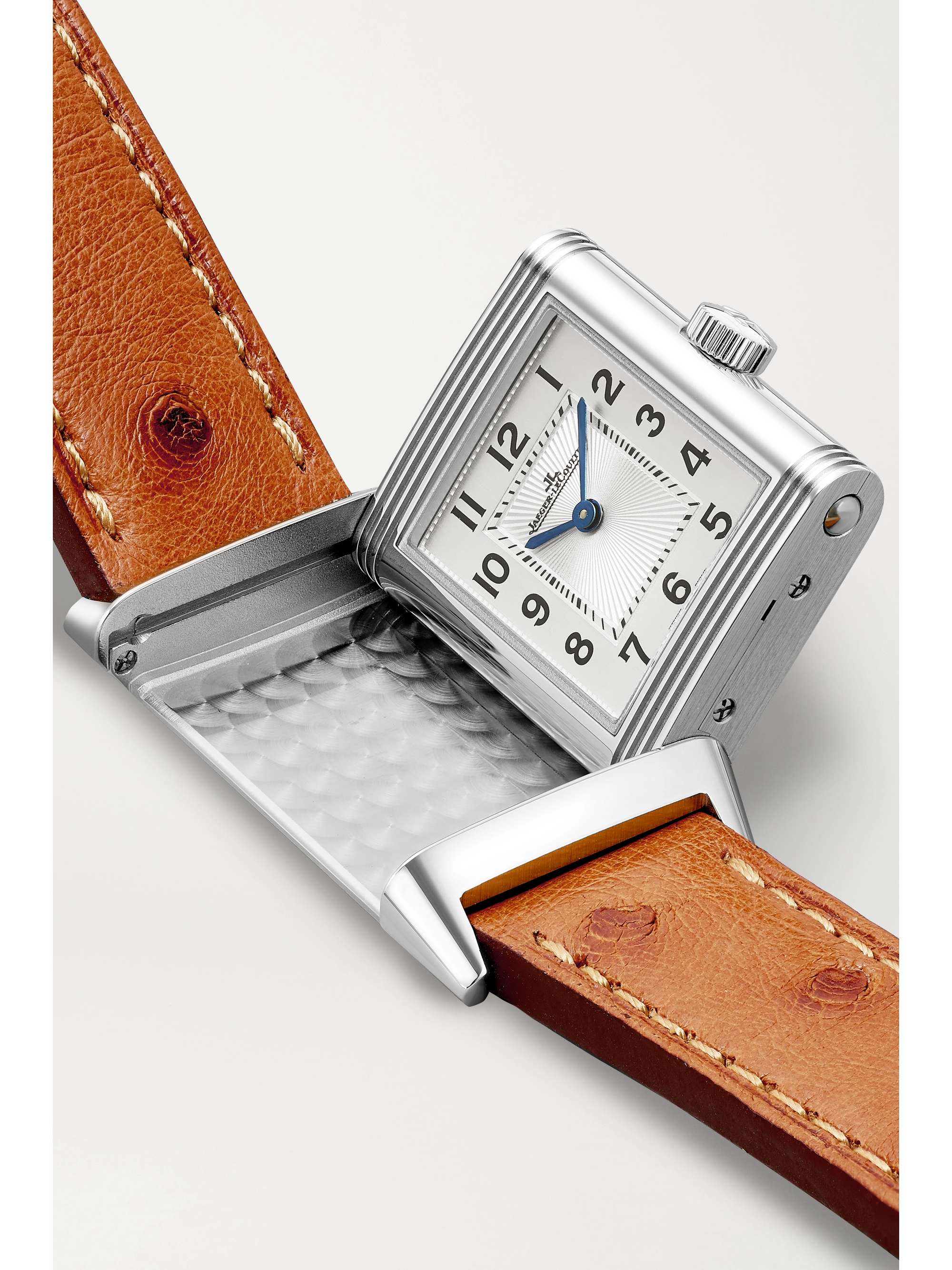 JAEGER LECOULTRE Reverso Classic Hand-Wound 21 mm kleine Uhr aus Edelstahl mit Straußenlederarmband