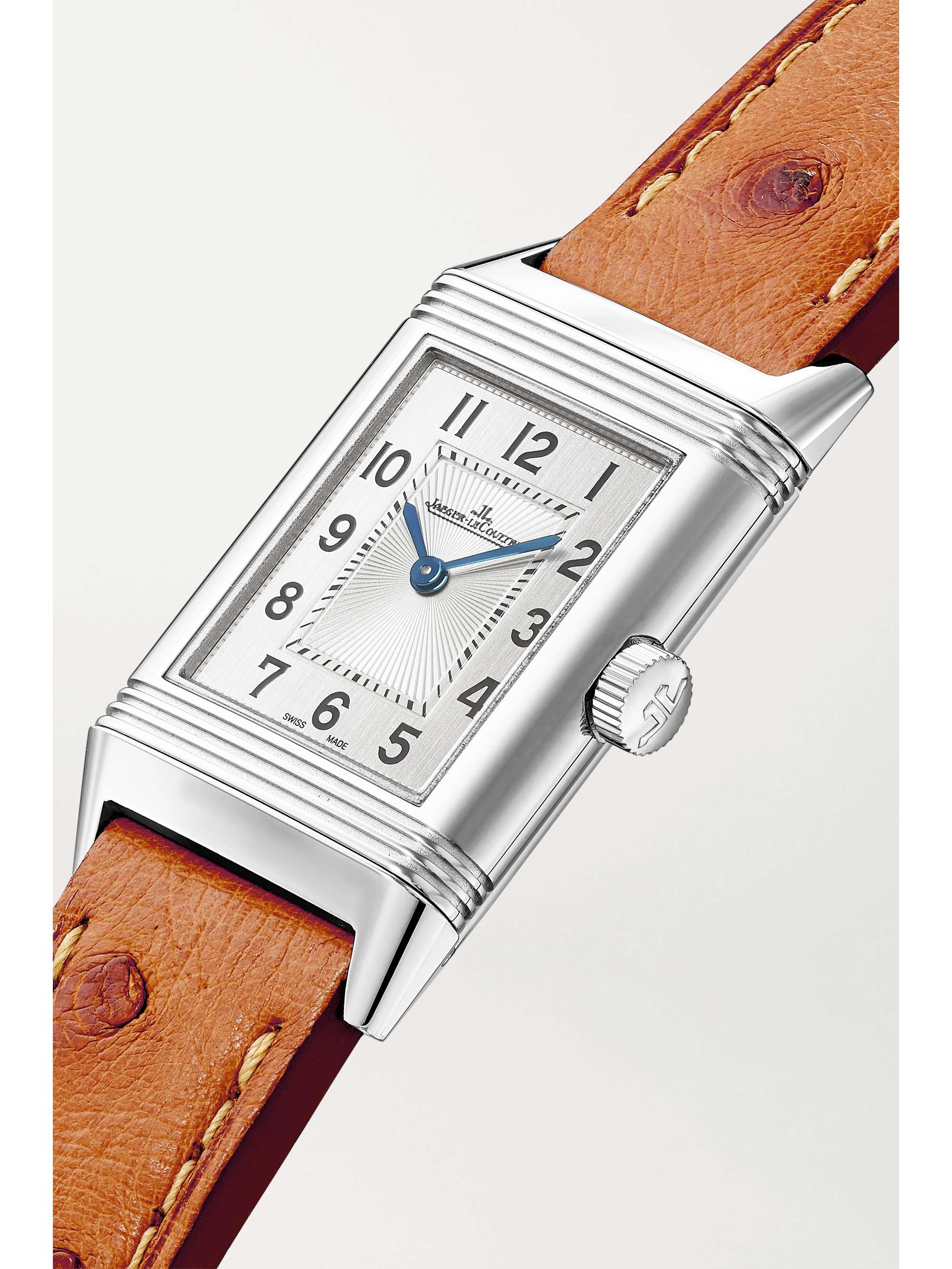 JAEGER LECOULTRE Reverso Classic Hand-Wound 21 mm kleine Uhr aus Edelstahl mit Straußenlederarmband