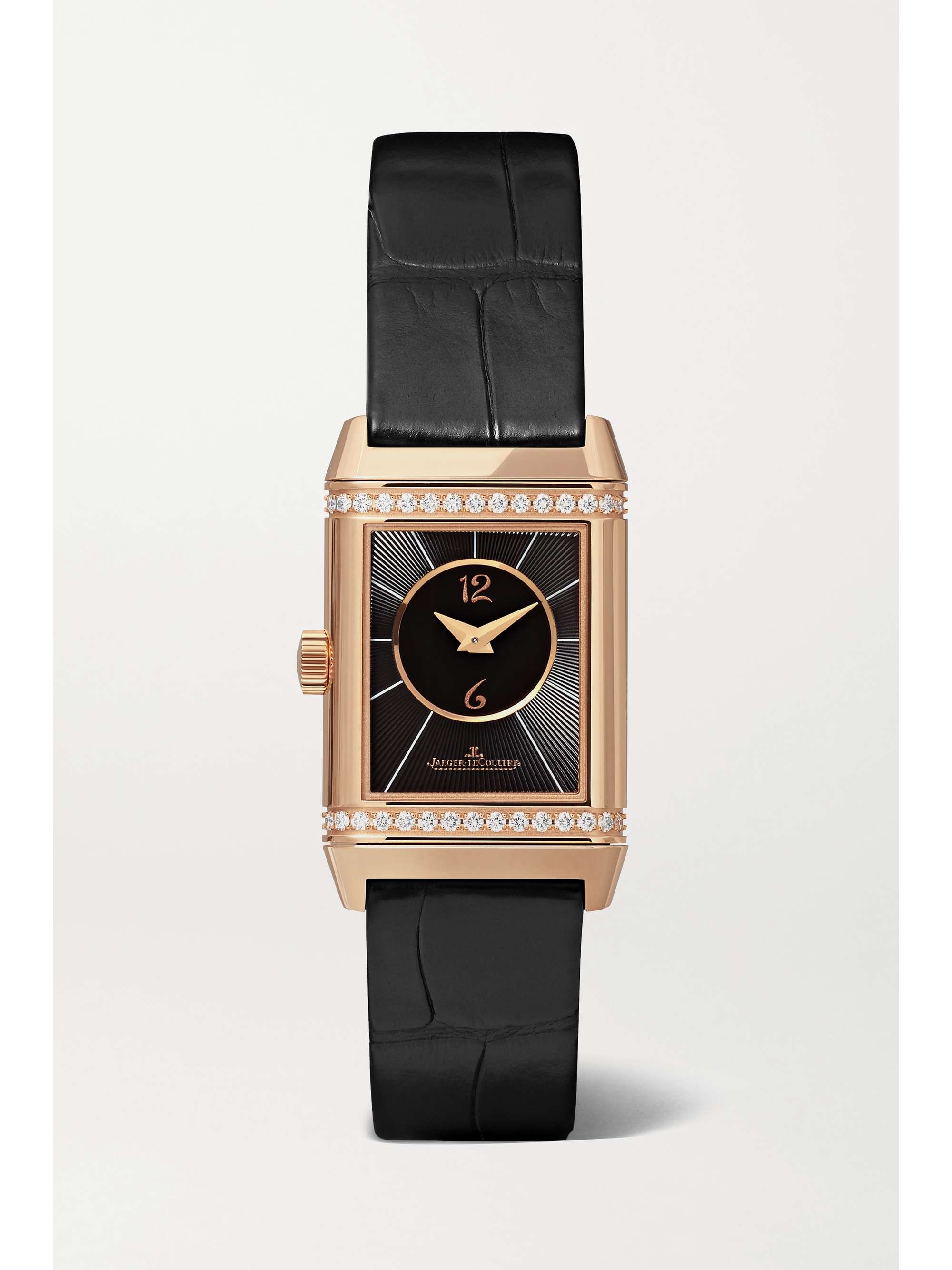 JAEGER LECOULTRE Reverso Classic Duetto hand-wound 34.2mm x 21mm small rose gold, alligator and diamond watch