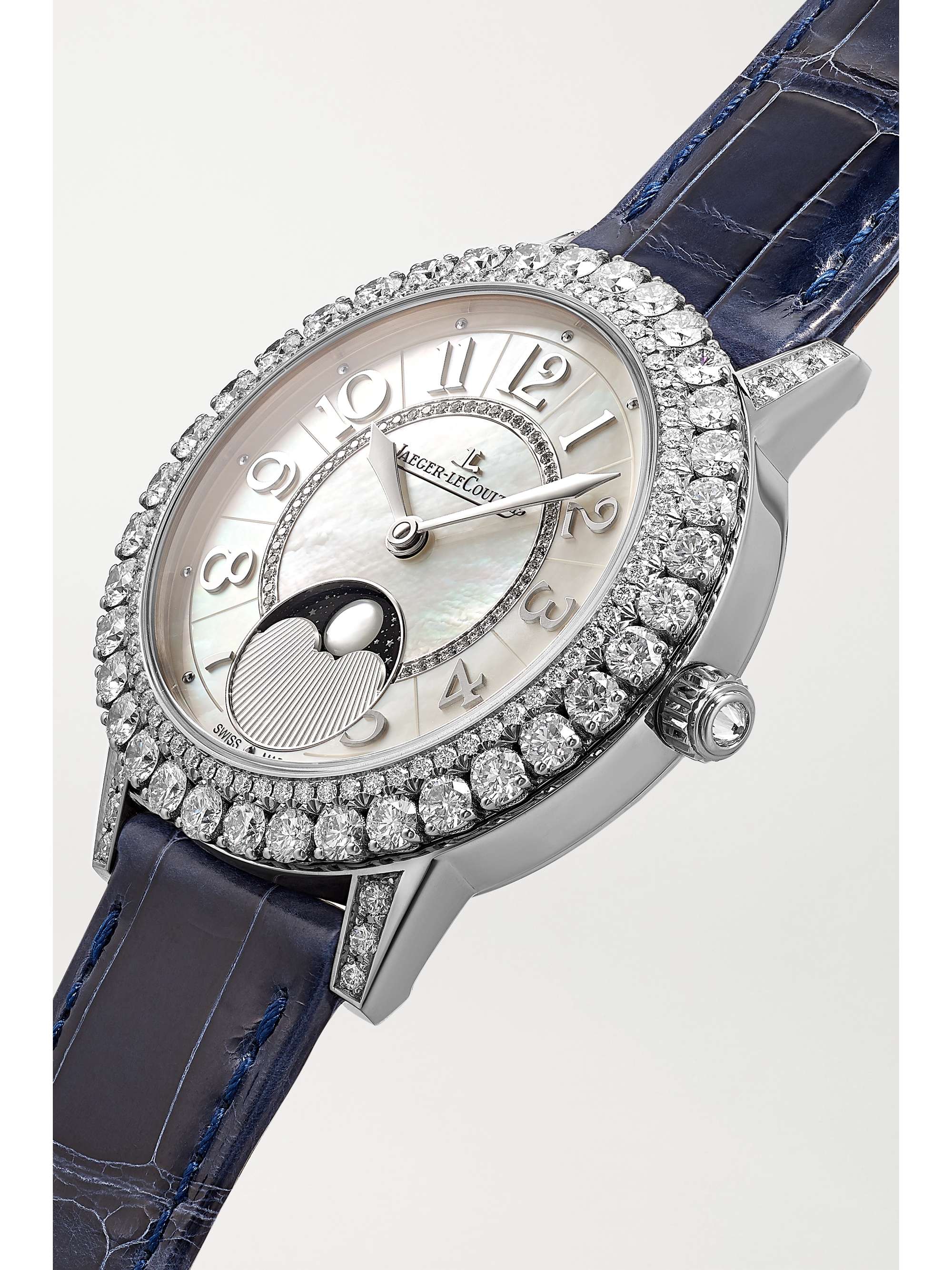 JAEGER LECOULTRE Dazzling Rendez-Vous Moon Automatic 36 mm Uhr aus Weißgold mit Diamanten und Alligatorlederarmband
