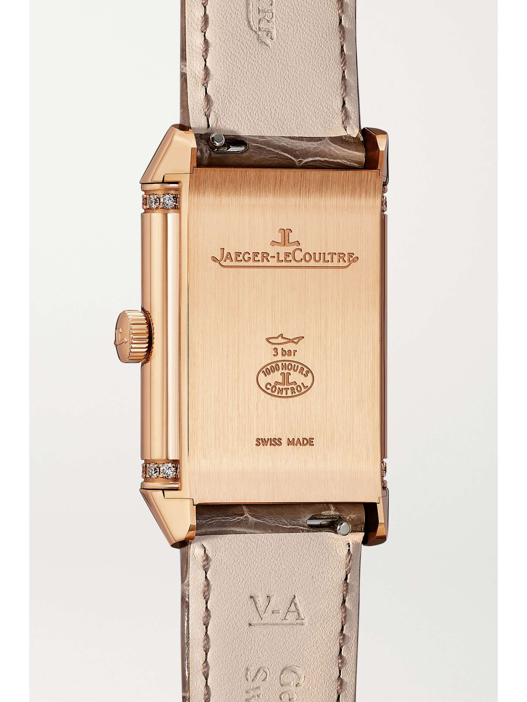 JAEGER-LECOULTRE Montre en or rose 18 carats (750/1000) et diamants à bracelet en alligator Reverso Classic Duetto Automatic Medium, 24 mm