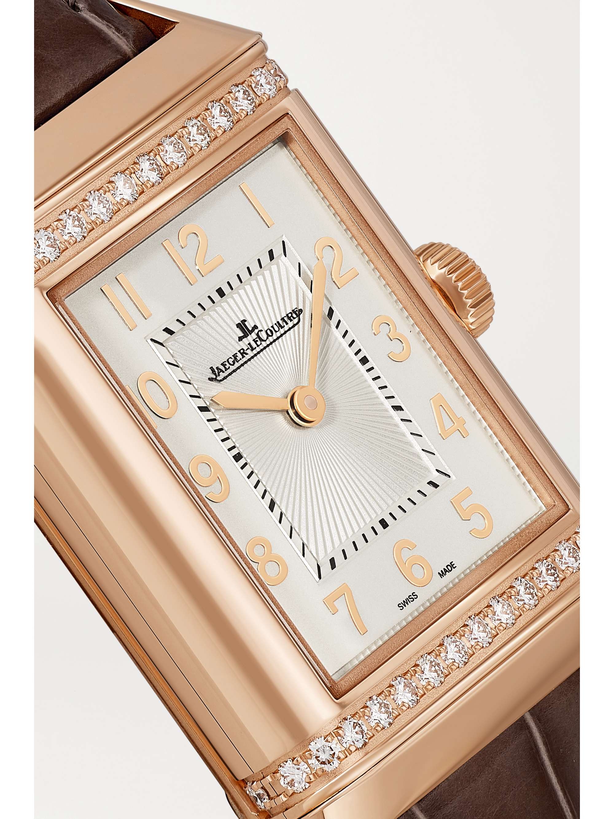 JAEGER-LECOULTRE Montre en or rose 18 carats (750/1000) et diamants à bracelet en alligator Reverso Classic Duetto Automatic Medium, 24 mm