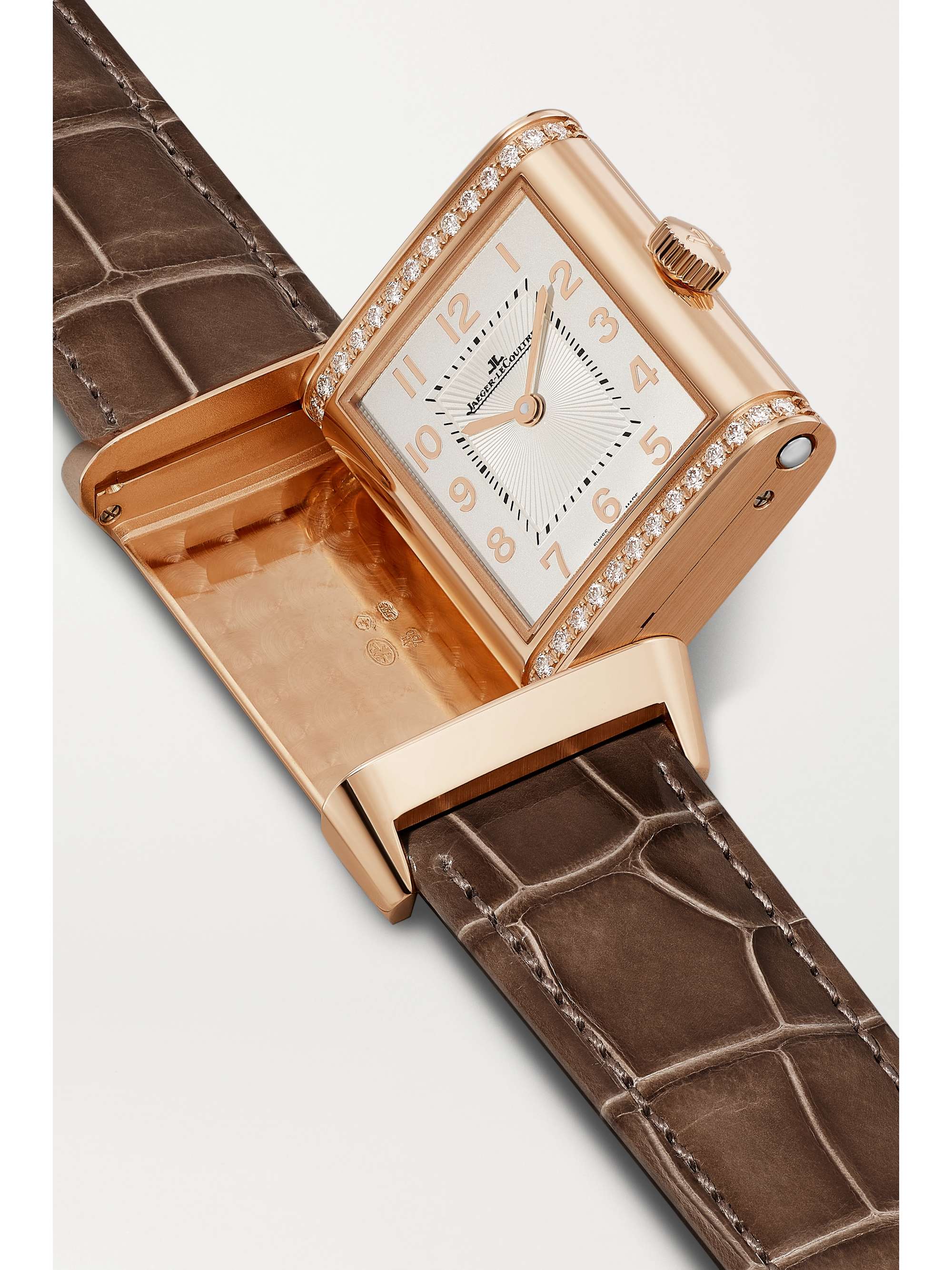 JAEGER-LECOULTRE Montre en or rose 18 carats (750/1000) et diamants à bracelet en alligator Reverso Classic Duetto Automatic Medium, 24 mm
