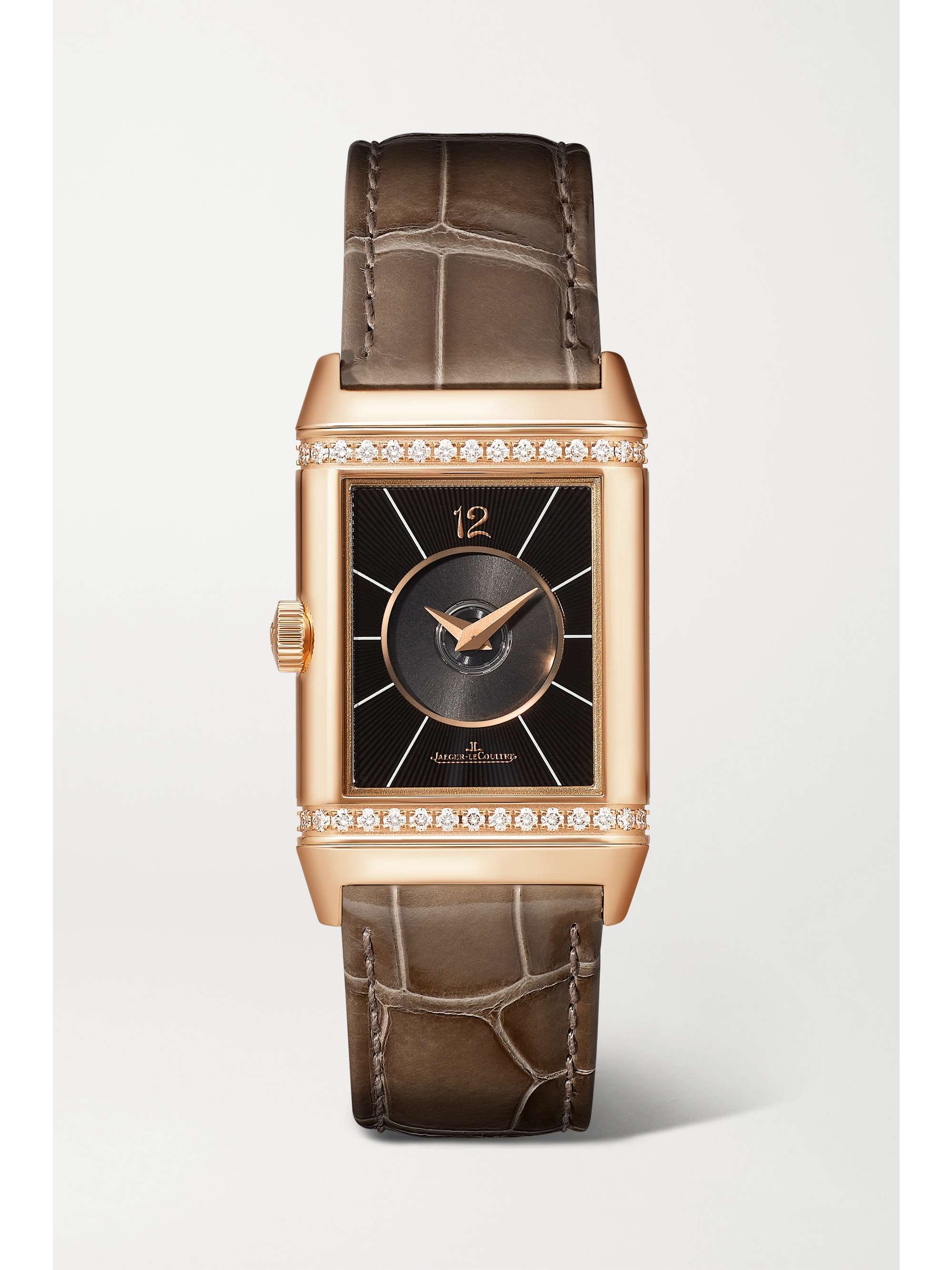 JAEGER-LECOULTRE Montre en or rose 18 carats (750/1000) et diamants à bracelet en alligator Reverso Classic Duetto Automatic Medium, 24 mm