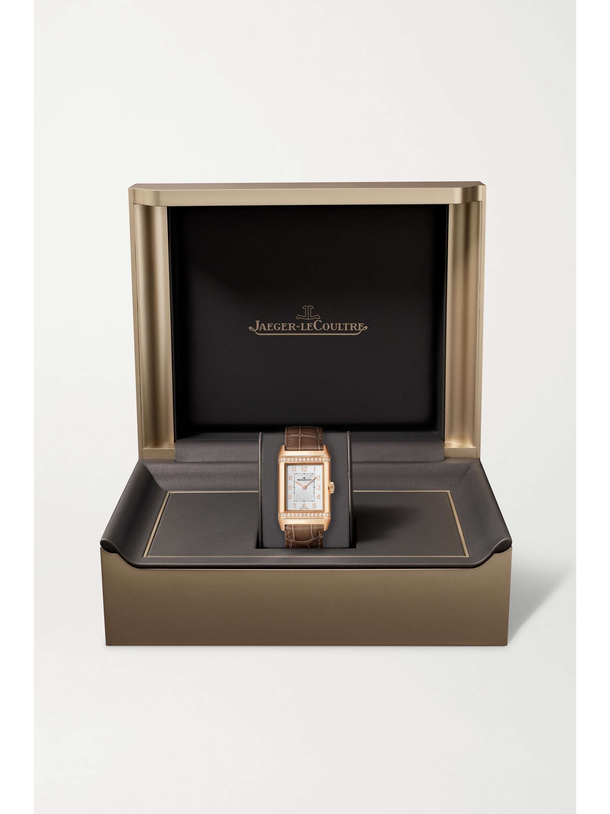 JAEGER-LECOULTRE Montre en or rose 18 carats (750/1000) et diamants à bracelet en alligator Reverso Classic Duetto Automatic Medium, 24 mm