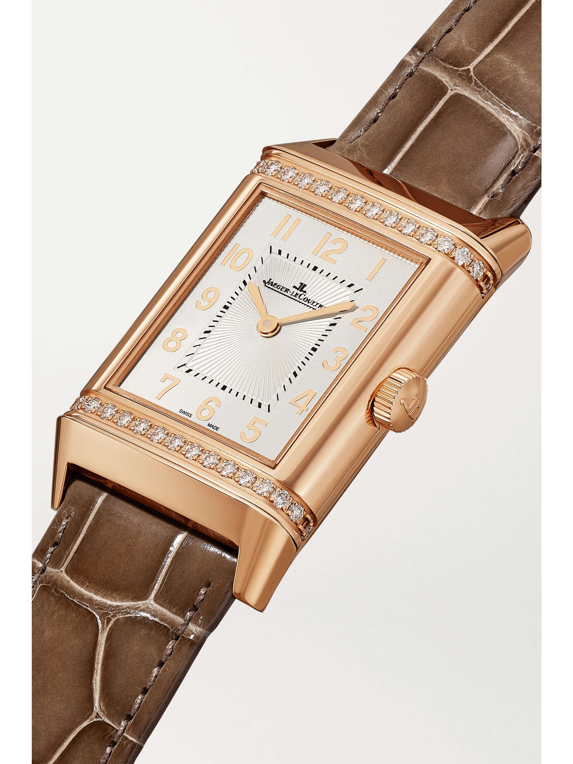 JAEGER-LECOULTRE Montre en or rose 18 carats (750/1000) et diamants à bracelet en alligator Reverso Classic Duetto Automatic Medium, 24 mm
