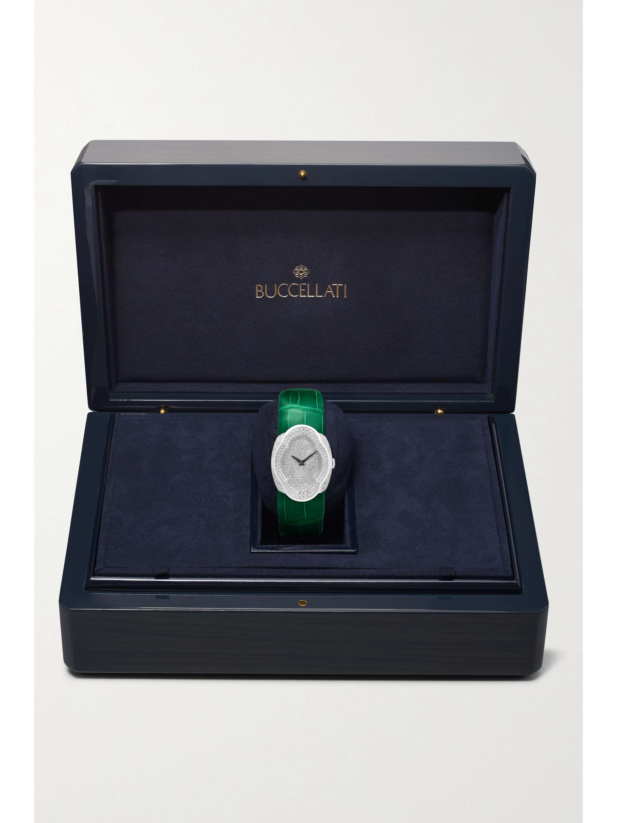 BUCCELLATI Opera 28mm 18-karat white gold, alligator and diamond watch