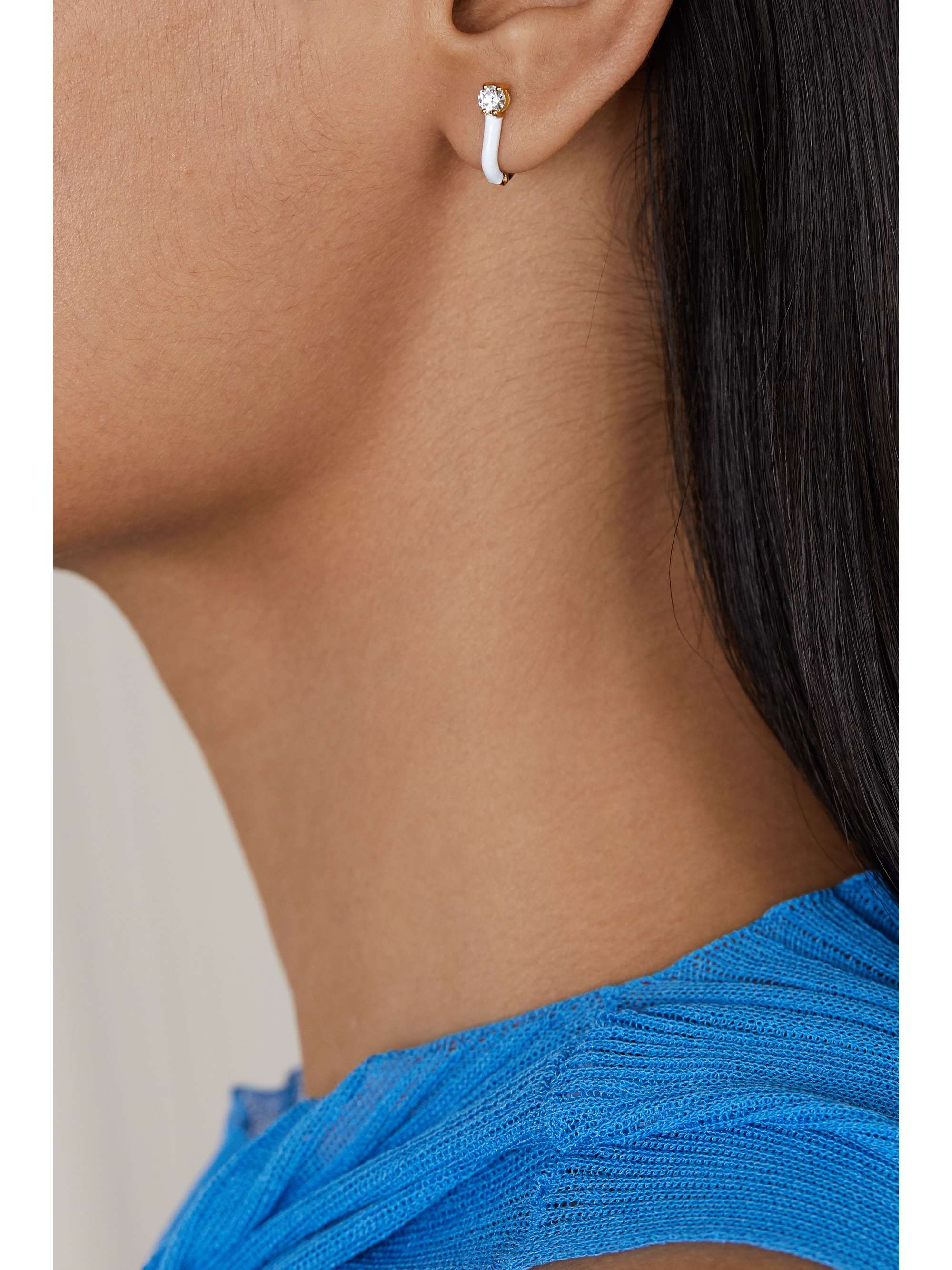 MELISSA KAYE Aria U Huggie 18-karat gold, enamel and diamond earrings