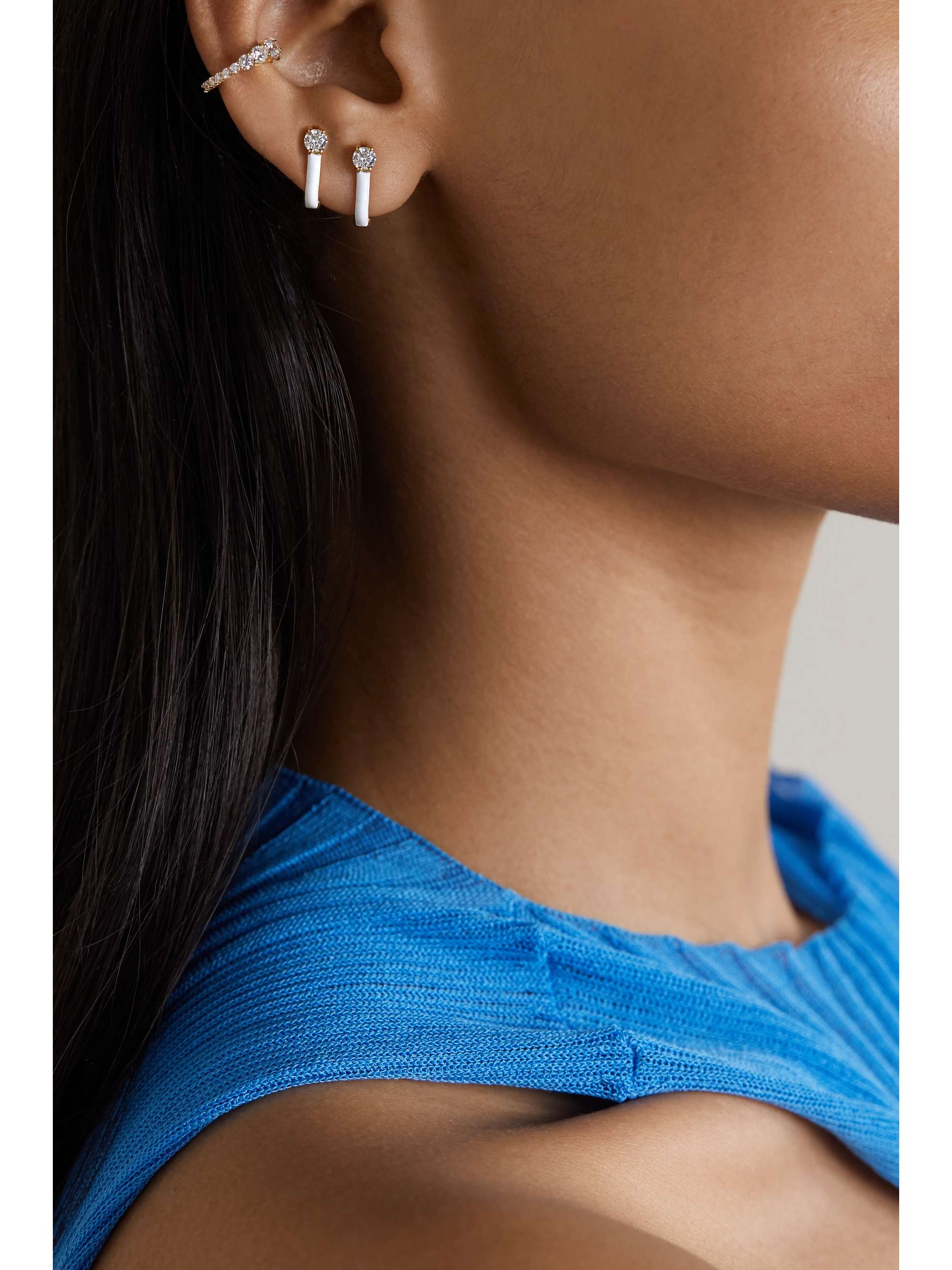MELISSA KAYE Aria U Huggie 18-karat gold, enamel and diamond earrings