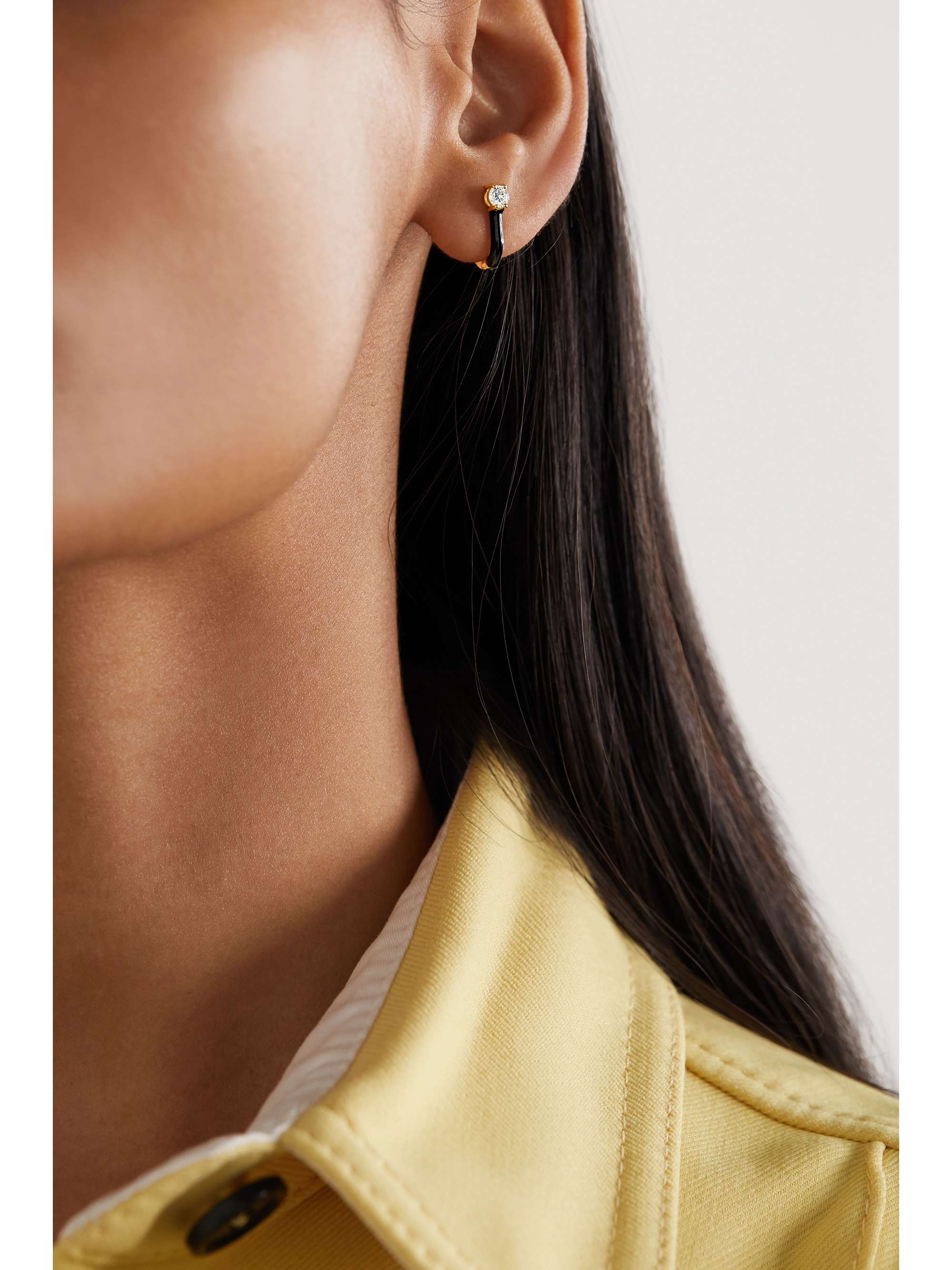MELISSA KAYE Aria U Huggie 18-karat gold, diamond and enamel earrings