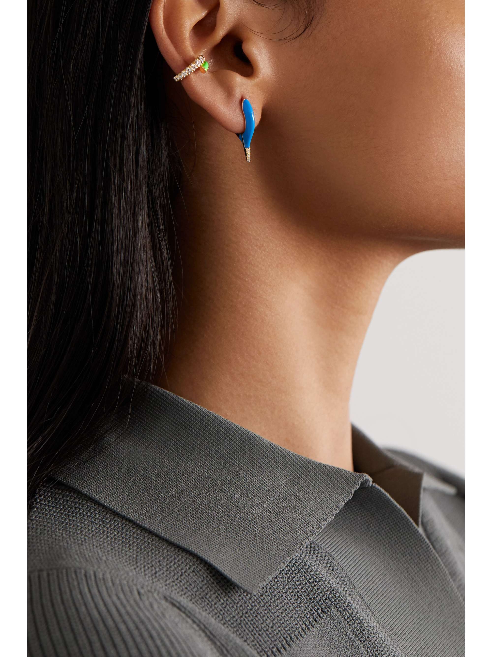 MELISSA KAYE Lola mini 18-karat gold, diamond and enamel earrings