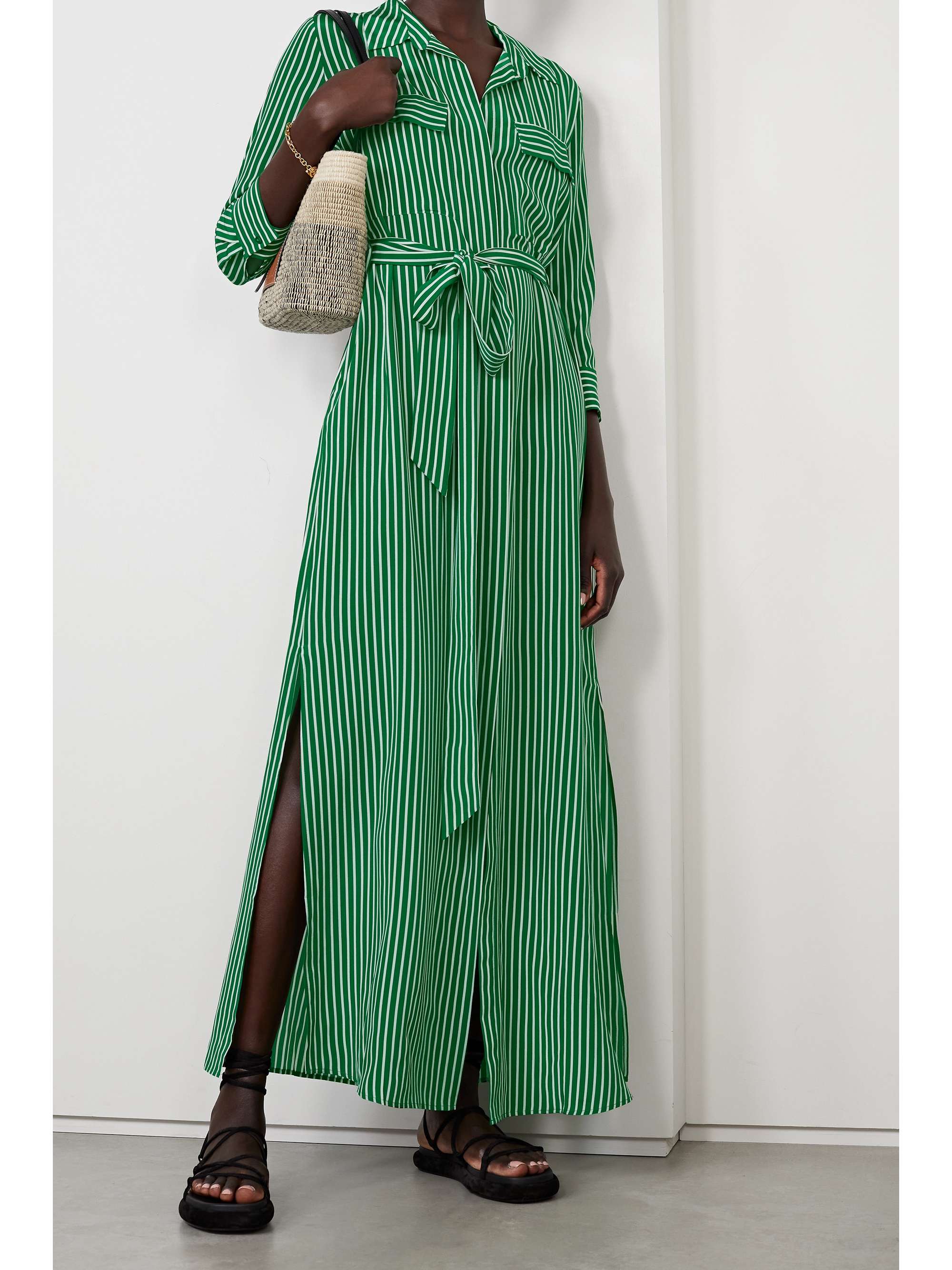 L'AGENCE Cameron belted striped silk crepe de chine maxi shirt dress